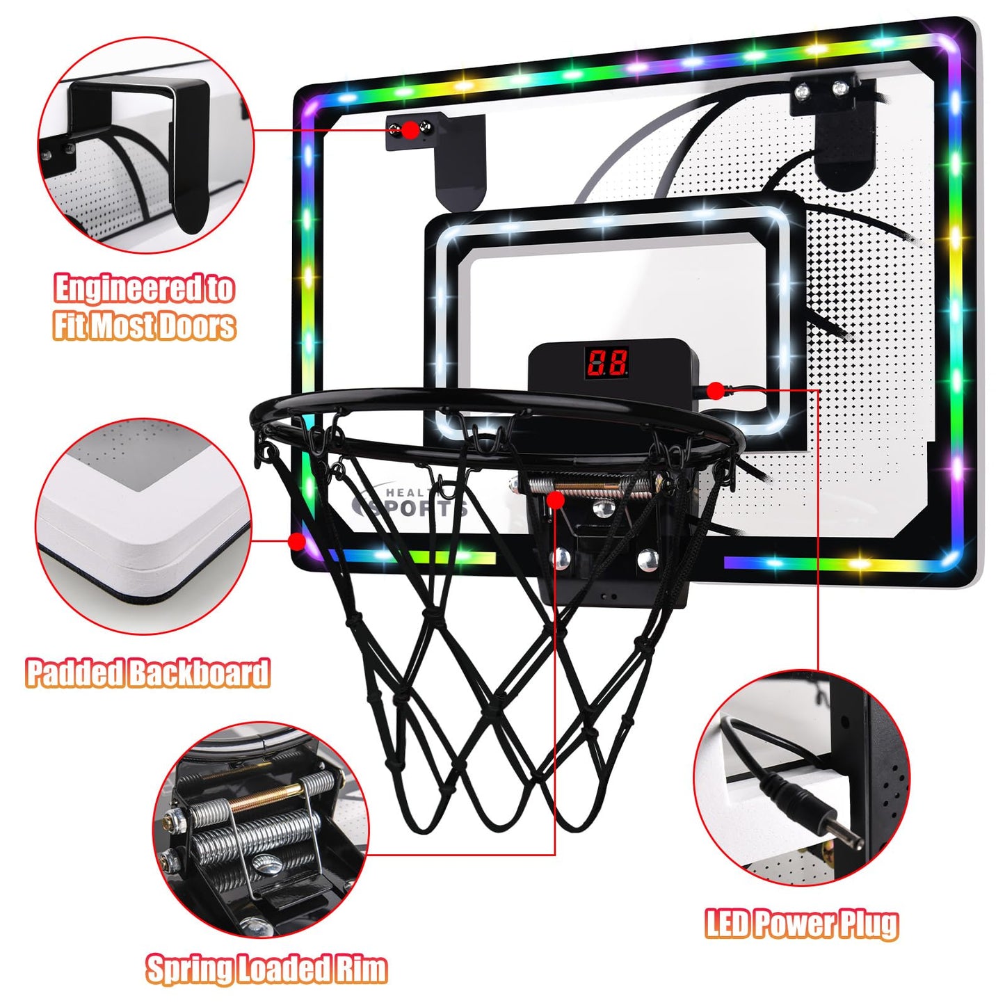 Biulotter Indoor Basketball Hoop for Kids – LED Lights, Scoreboard, 3 Balls, Over-the-Door