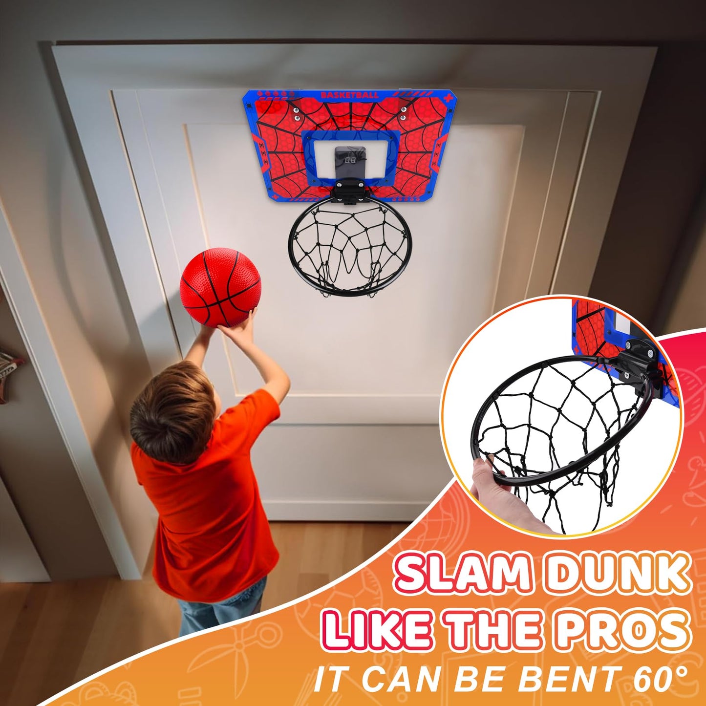 Biulotter Indoor Basketball Hoop LED – Over-the-Door with Scoreboard & 3 Balls (Red)