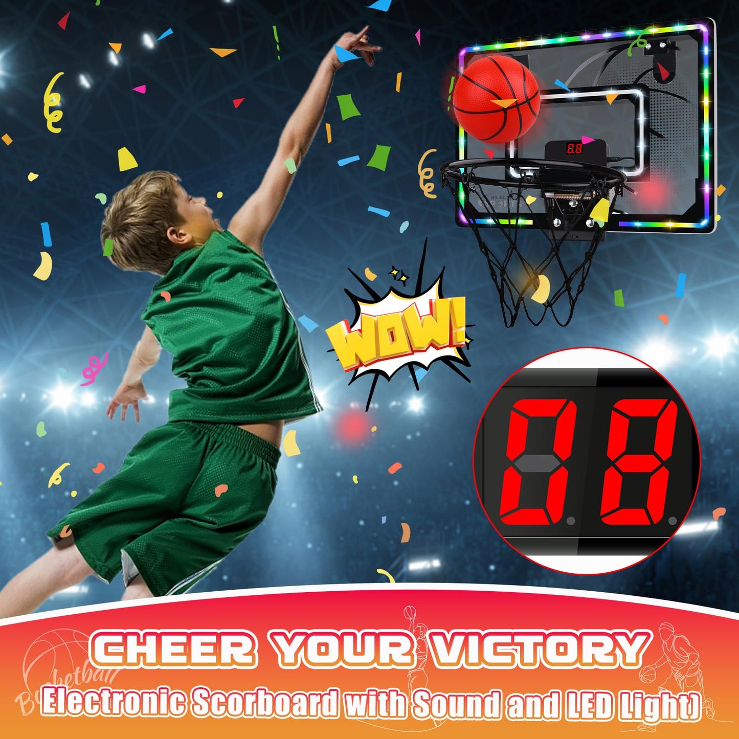 Biulotter Indoor Basketball Hoop for Kids – LED Lights, Scoreboard, 3 Balls, Over-the-Door