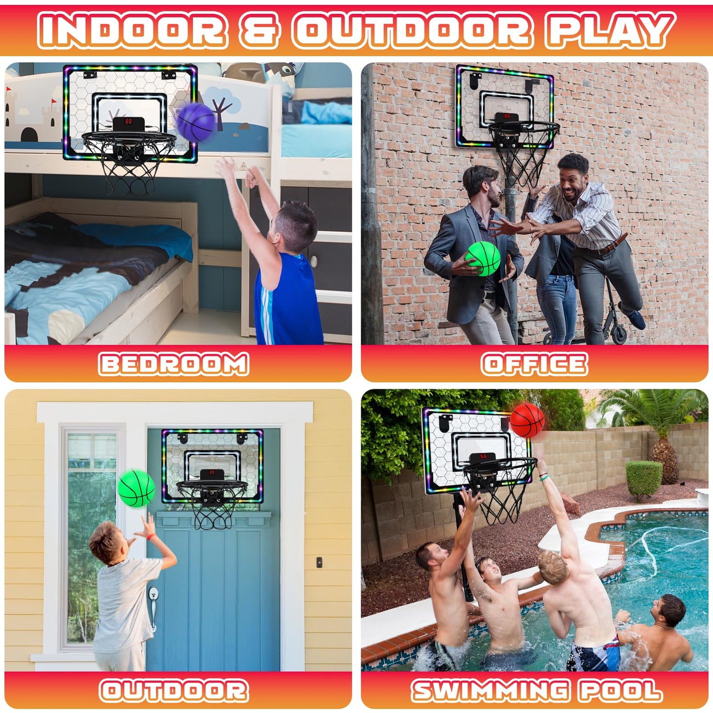 Biulotter Indoor Basketball Hoop with LED Lights & Scoreboard – Door Mini Hoop for Kids (Honeycomb Pattern)