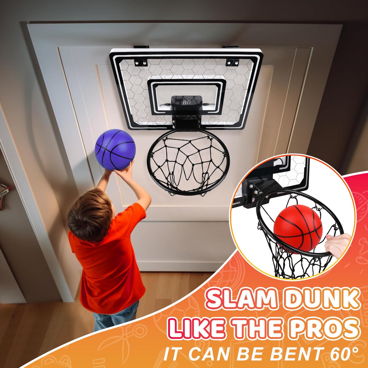 Biulotter Indoor Basketball Hoop with LED Lights & Scoreboard – Door Mini Hoop for Kids (Honeycomb Pattern)