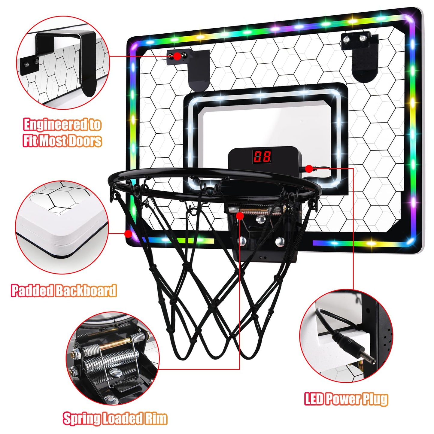 Biulotter Indoor Basketball Hoop with LED Lights & Scoreboard – Door Mini Hoop for Kids (Honeycomb Pattern)