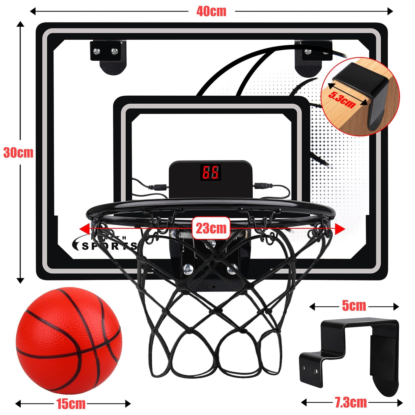 Biulotter Indoor Basketball Hoop for Kids – LED Lights, Scoreboard, 3 Balls, Over-the-Door