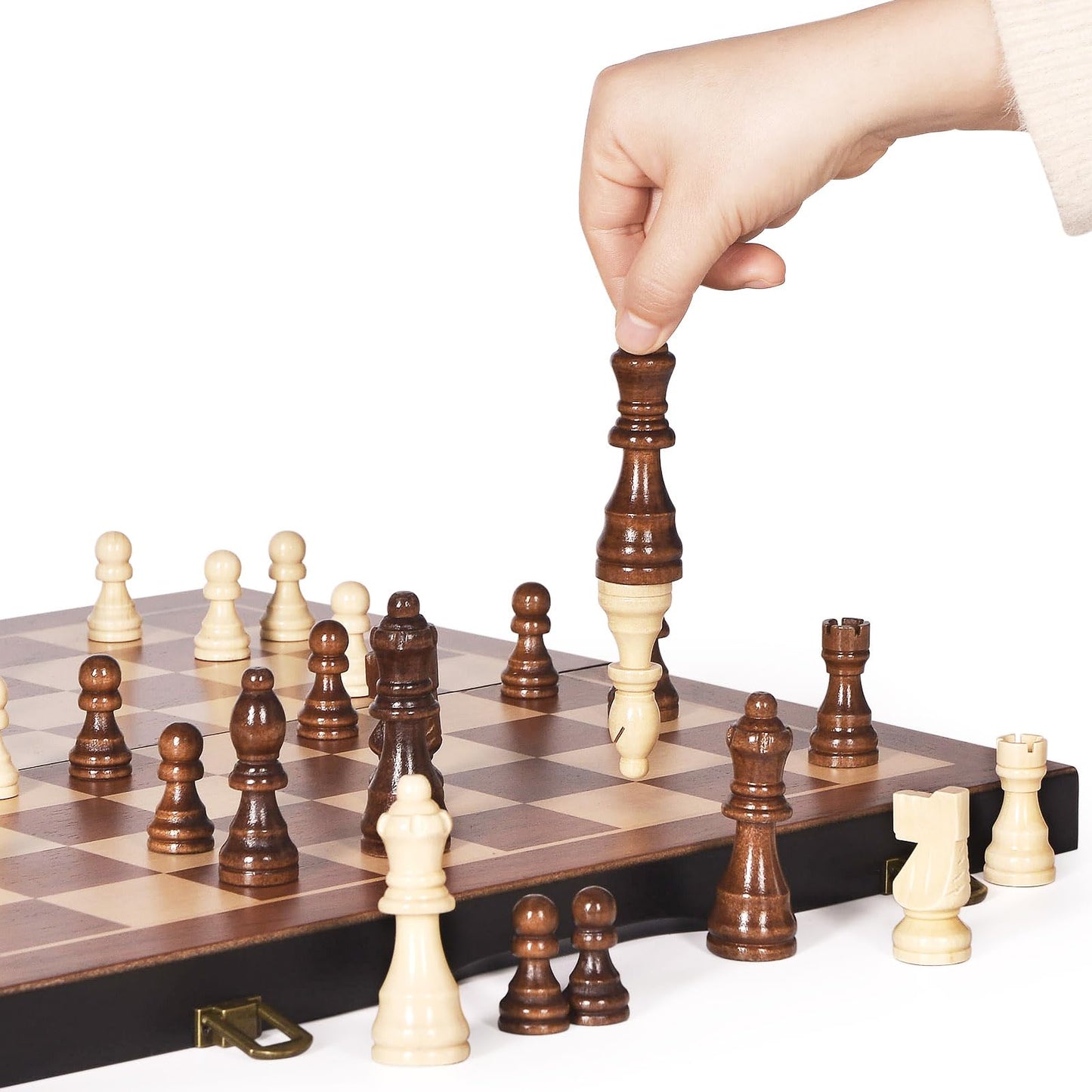 BIVOMON Chess Magnetic Wooden Set – 15-Inch Folding Board with Storage & 2 Extra Queens