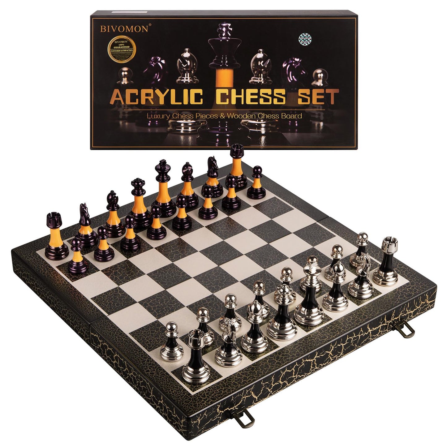 BIVOMON Chess Set – 16-Inch Wooden Foldable Board with 3.5-Inch Weighted Acrylic Pieces and Built-In Storage