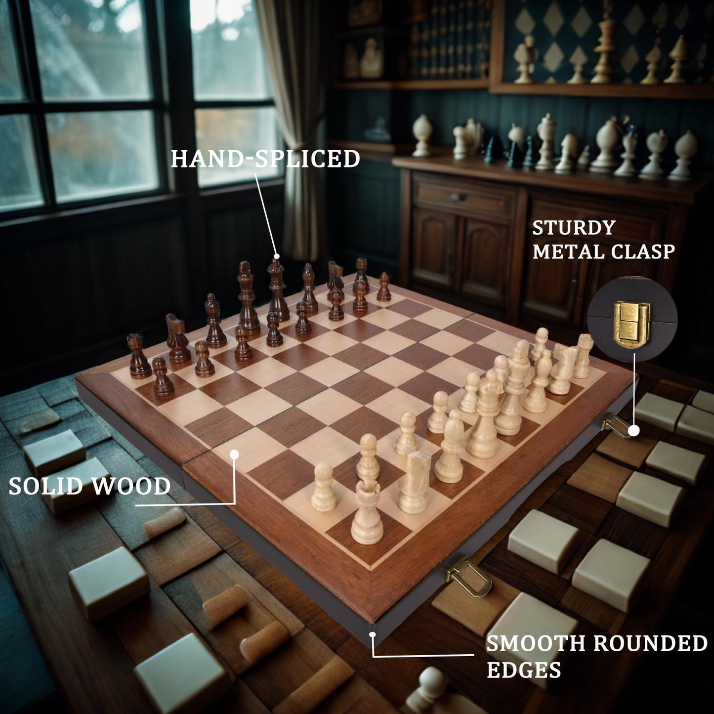 BIVOMON Chess Magnetic Wooden Set – 15-Inch Folding Board with Storage & 2 Extra Queens