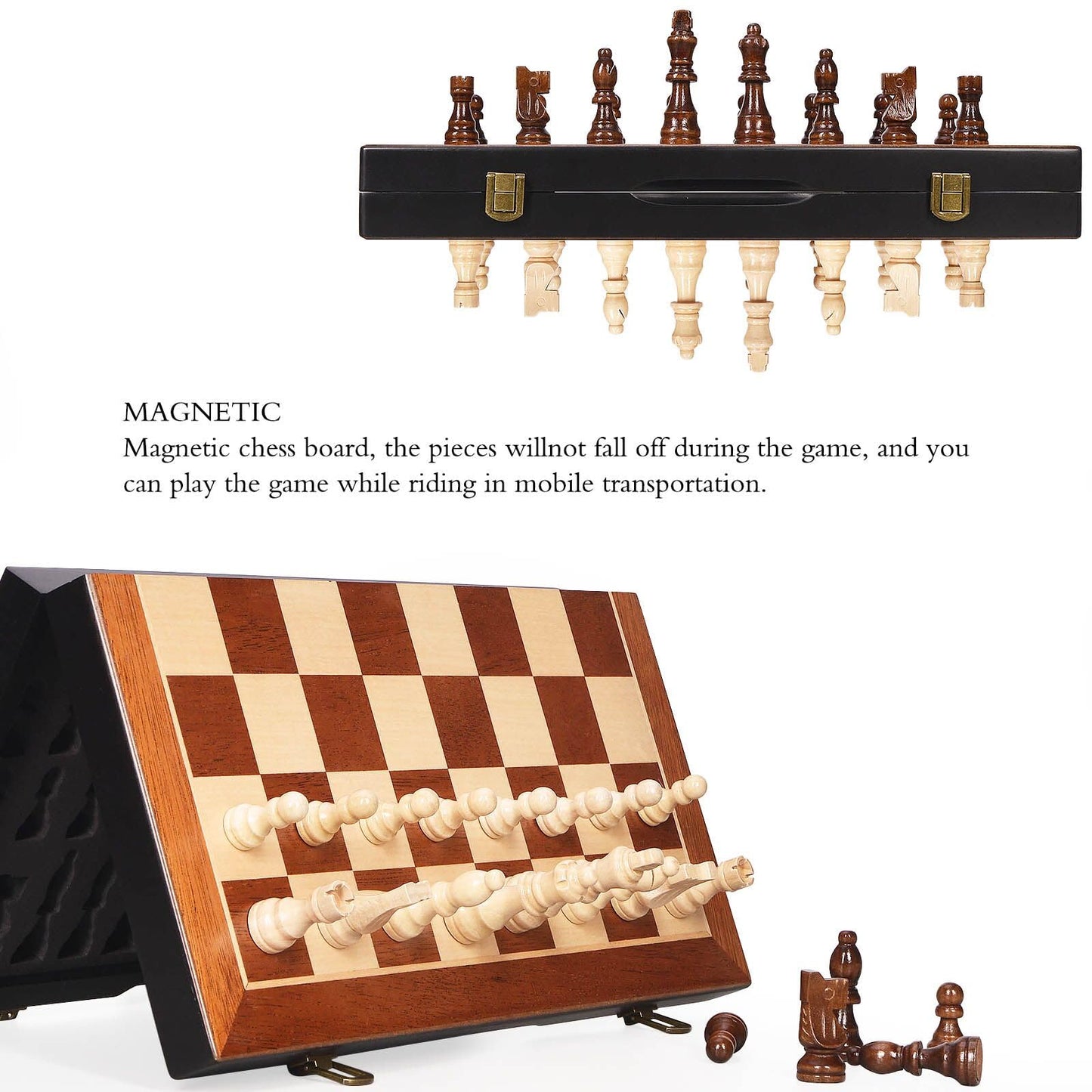 BIVOMON Chess Magnetic Wooden Set – 15-Inch Folding Board with Storage & 2 Extra Queens