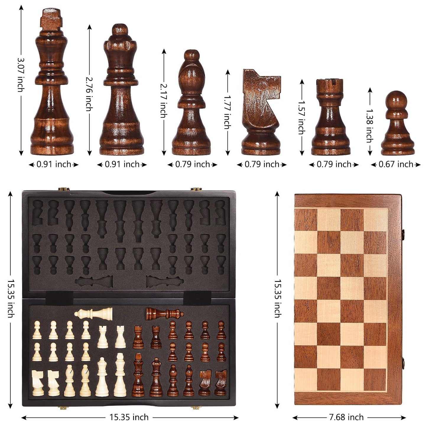 BIVOMON Chess Magnetic Wooden Set – 15-Inch Folding Board with Storage & 2 Extra Queens