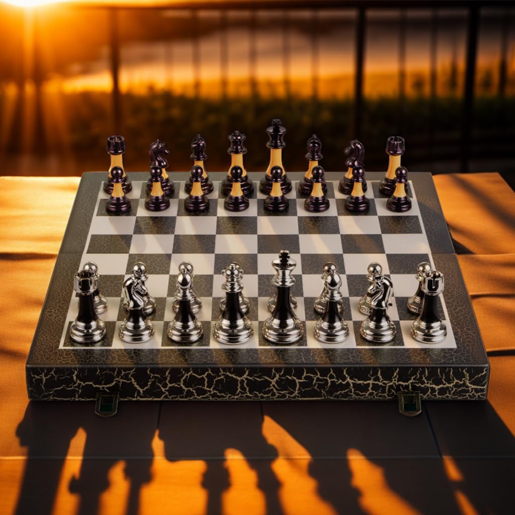 BIVOMON Chess Set – 16-Inch Wooden Foldable Board with 3.5-Inch Weighted Acrylic Pieces and Built-In Storage