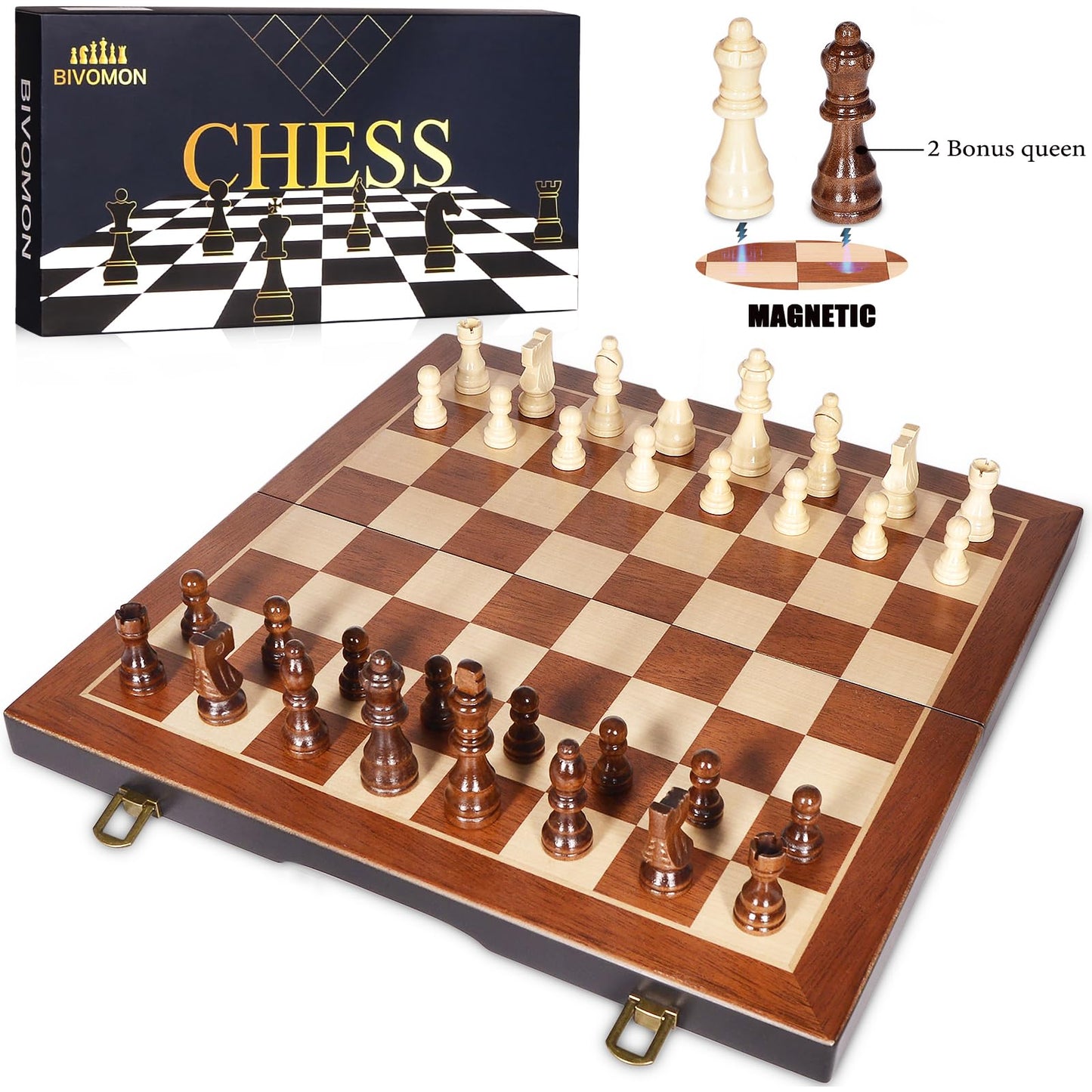 BIVOMON Chess Magnetic Wooden Set – 15-Inch Folding Board with Storage & 2 Extra Queens