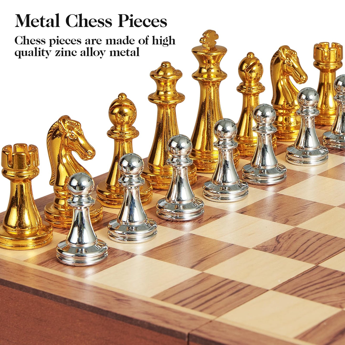 BIVOMON 12-Inch Folding Metal Chess Set — Portable Wooden Board with Weighted Pieces