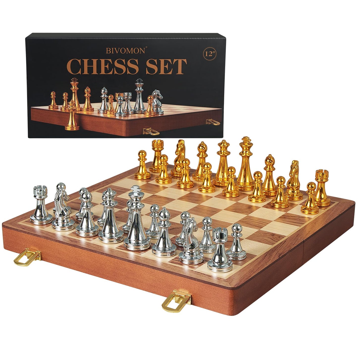 BIVOMON 12-Inch Folding Metal Chess Set — Portable Wooden Board with Weighted Pieces