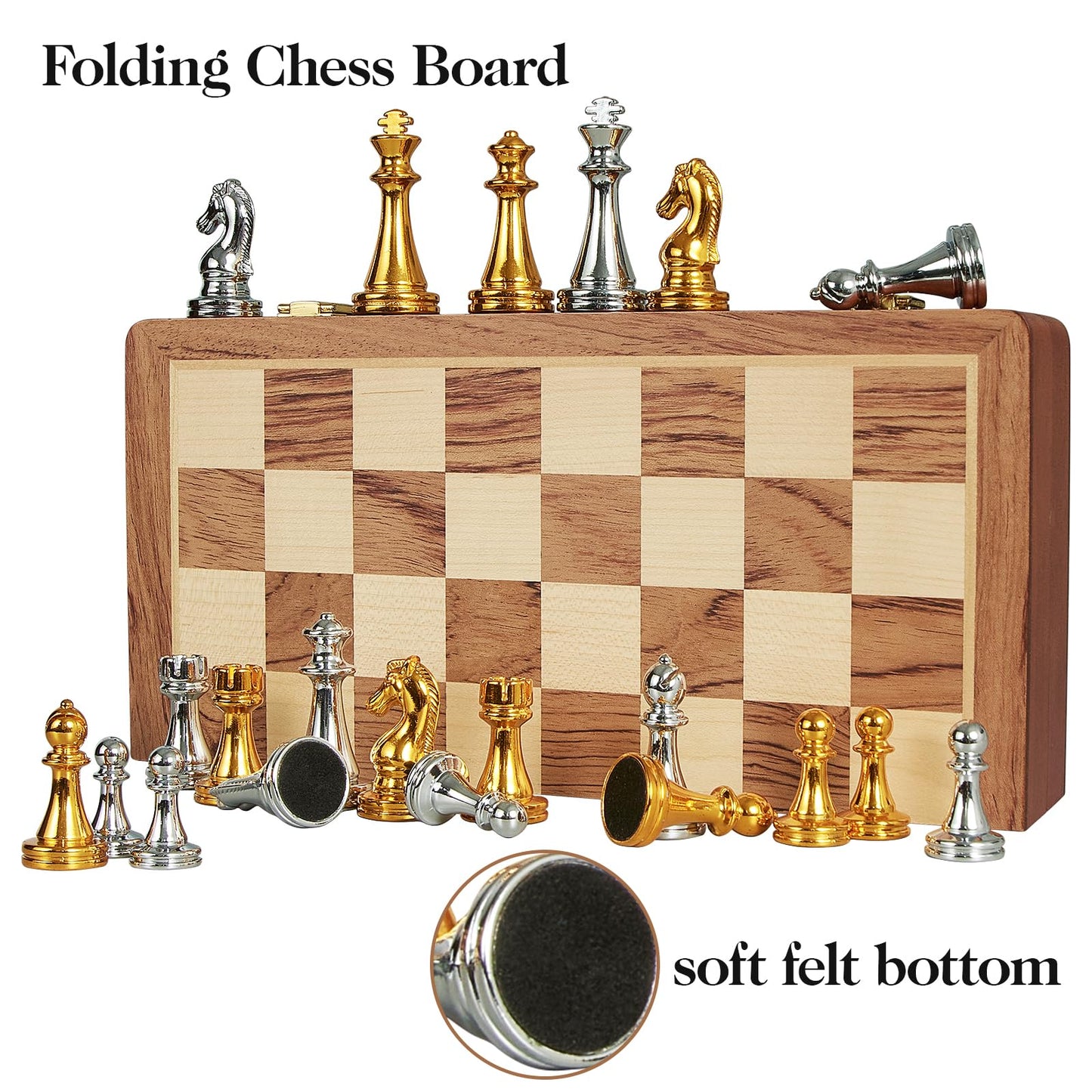 BIVOMON 12-Inch Folding Metal Chess Set — Portable Wooden Board with Weighted Pieces