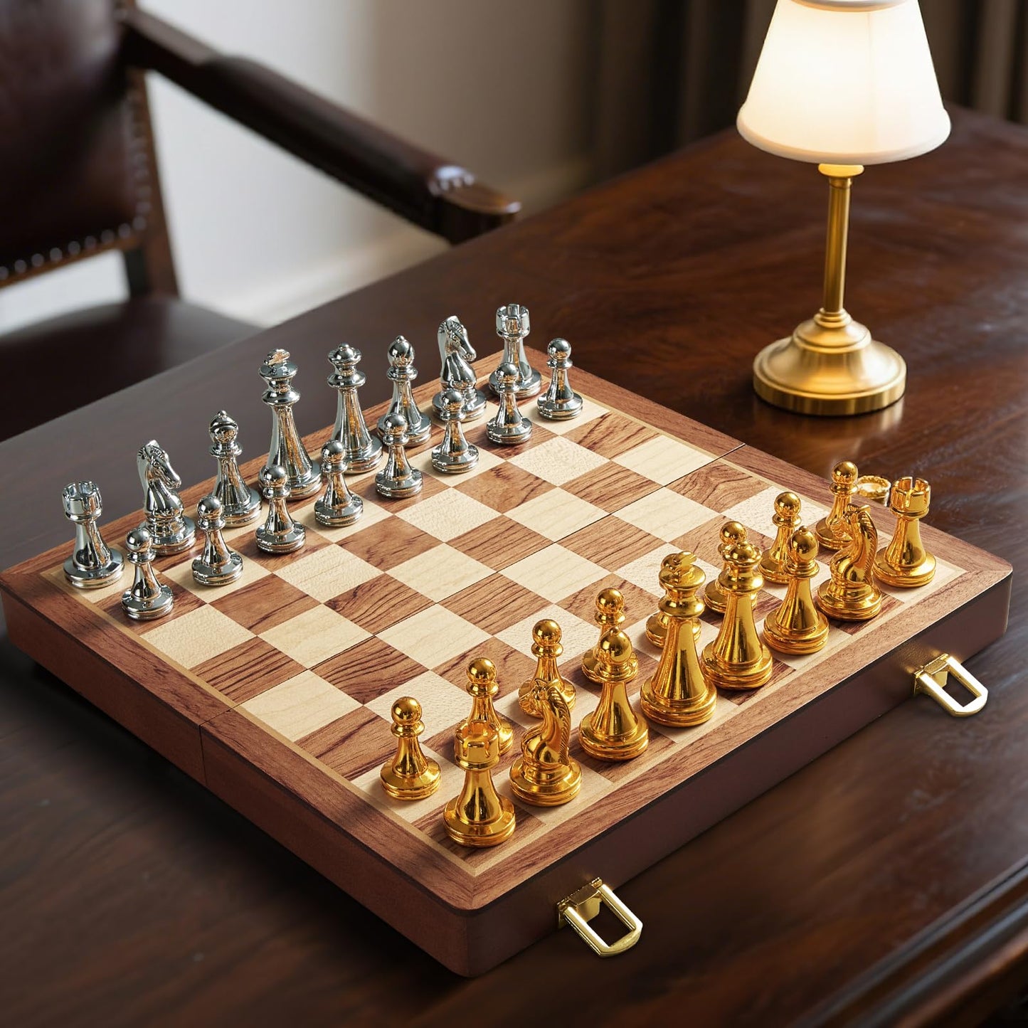 BIVOMON 12-Inch Folding Metal Chess Set — Portable Wooden Board with Weighted Pieces