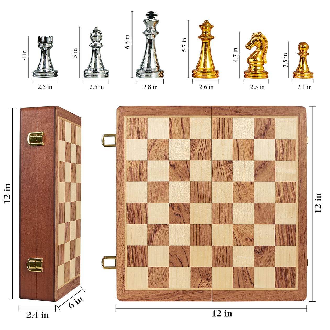 BIVOMON 12-Inch Folding Metal Chess Set — Portable Wooden Board with Weighted Pieces