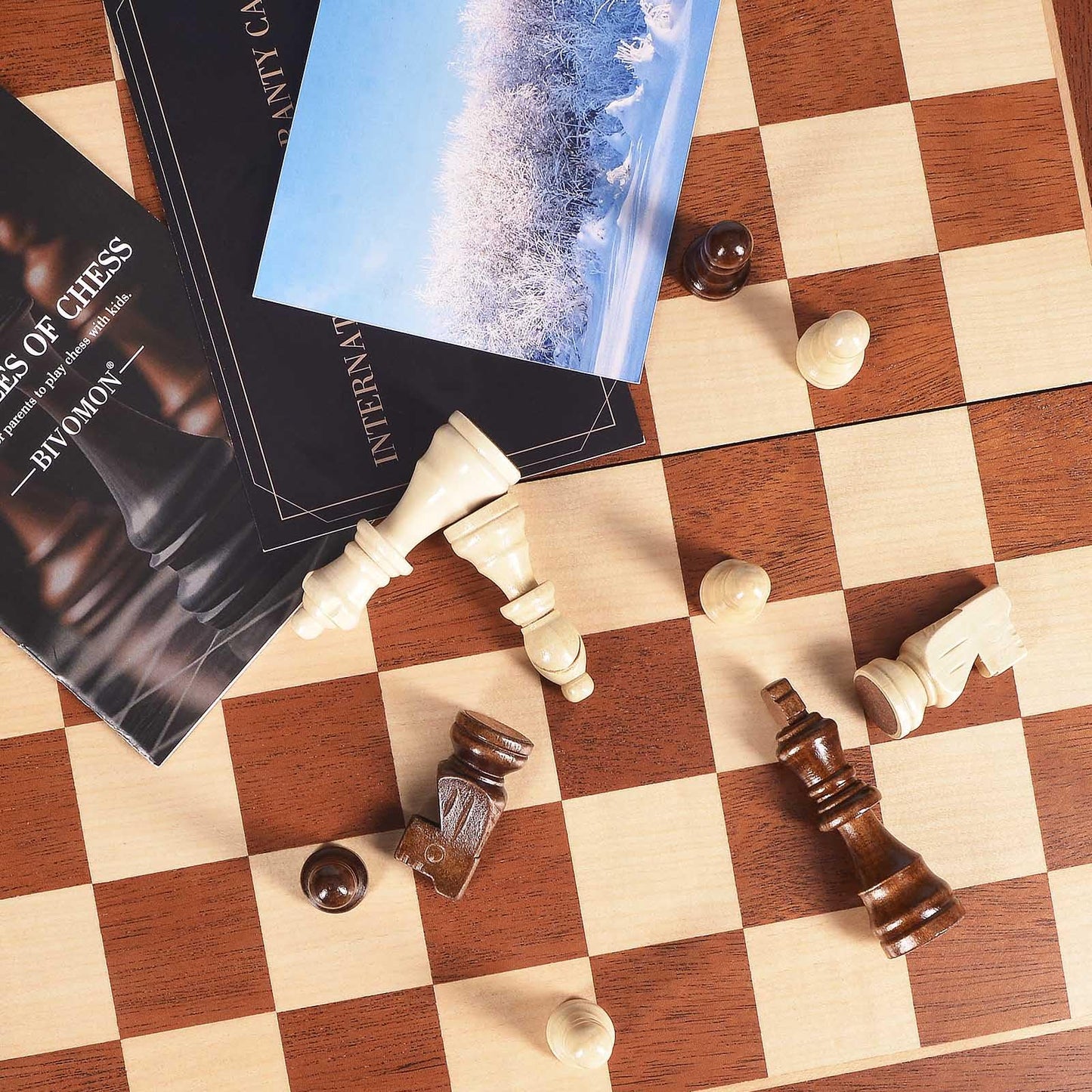 BIVOMON Chess Magnetic Wooden Set – 15-Inch Folding Board with Storage & 2 Extra Queens