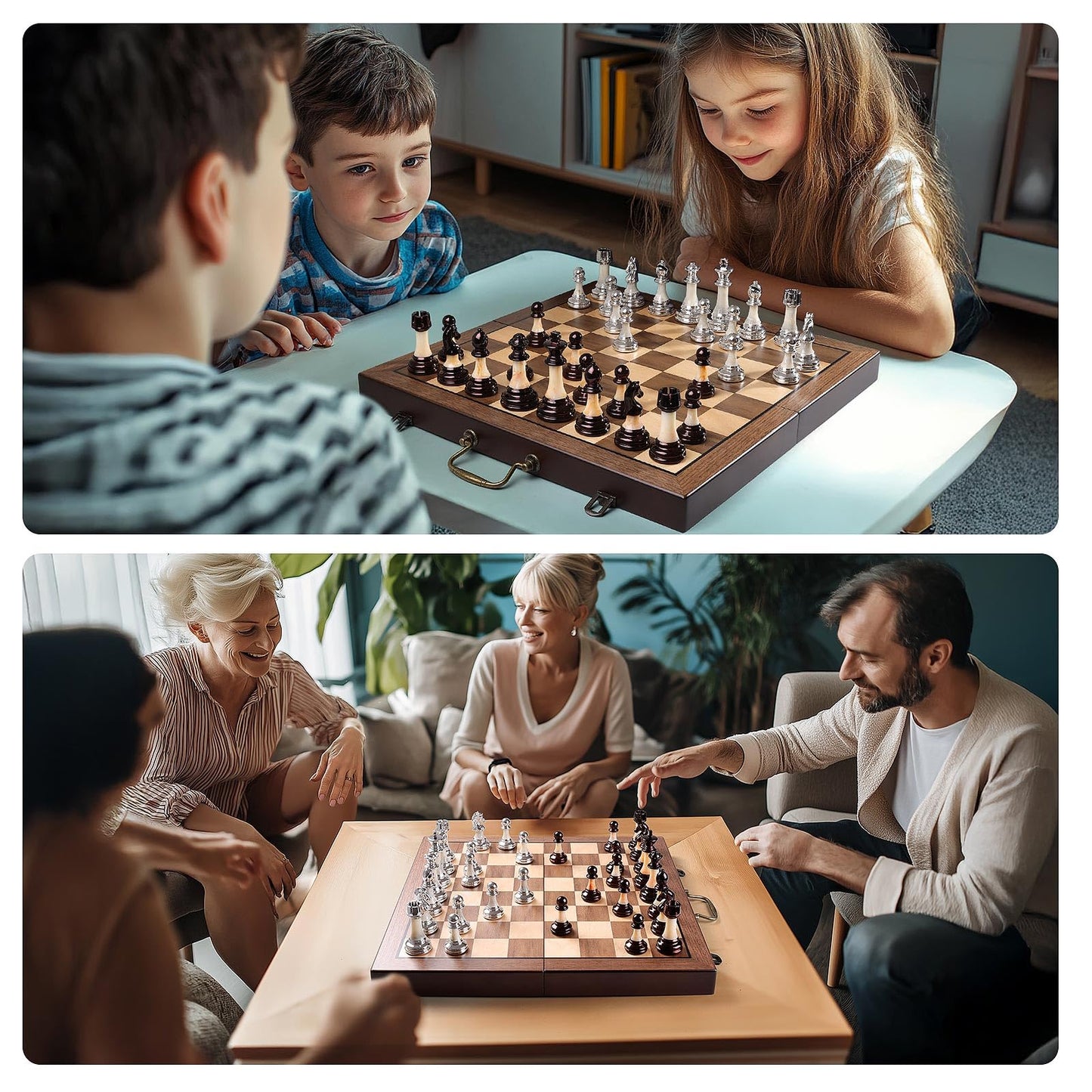 BIVOMON Deluxe Chess Set — 16.5'' Wooden Folding Board, Weighted Acrylic Pieces, Handle & Storage