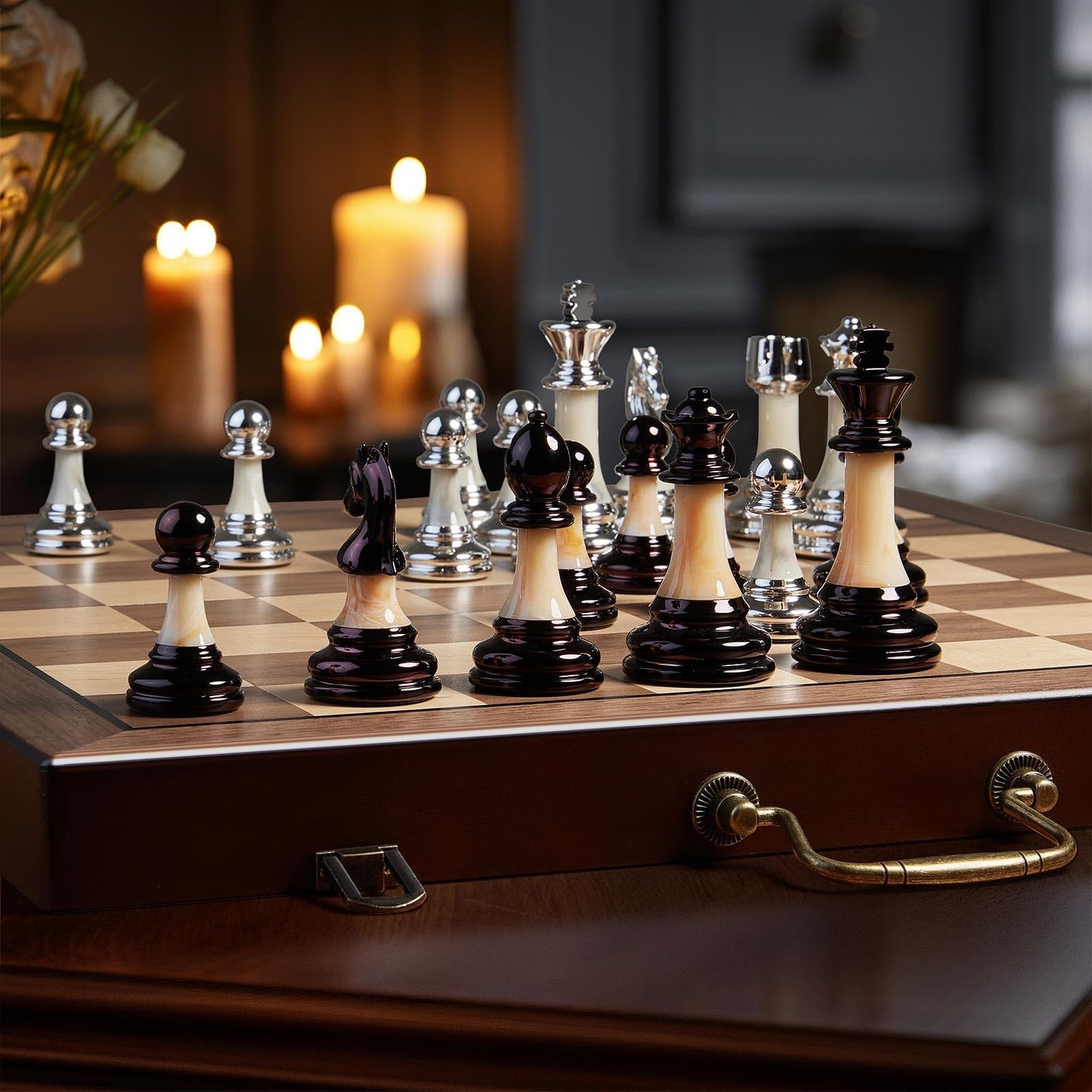 BIVOMON Deluxe Chess Set — 16.5'' Wooden Folding Board, Weighted Acrylic Pieces, Handle & Storage