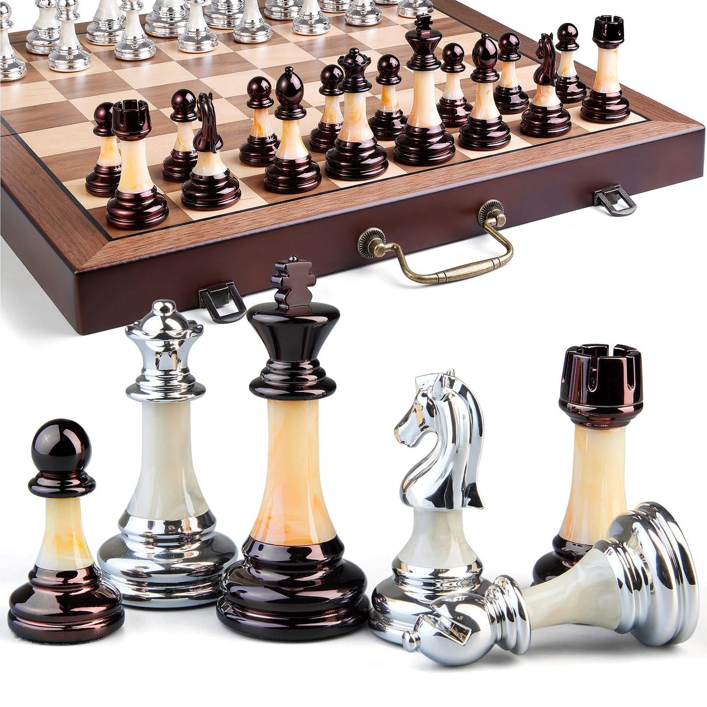 BIVOMON Deluxe Chess Set — 16.5'' Wooden Folding Board, Weighted Acrylic Pieces, Handle & Storage