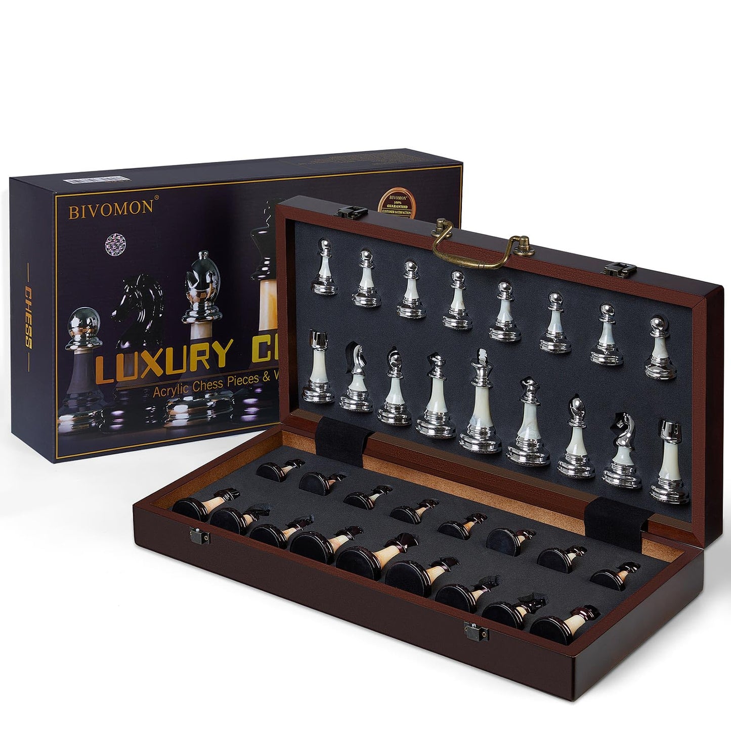 BIVOMON Deluxe Chess Set — 16.5'' Wooden Folding Board, Weighted Acrylic Pieces, Handle & Storage