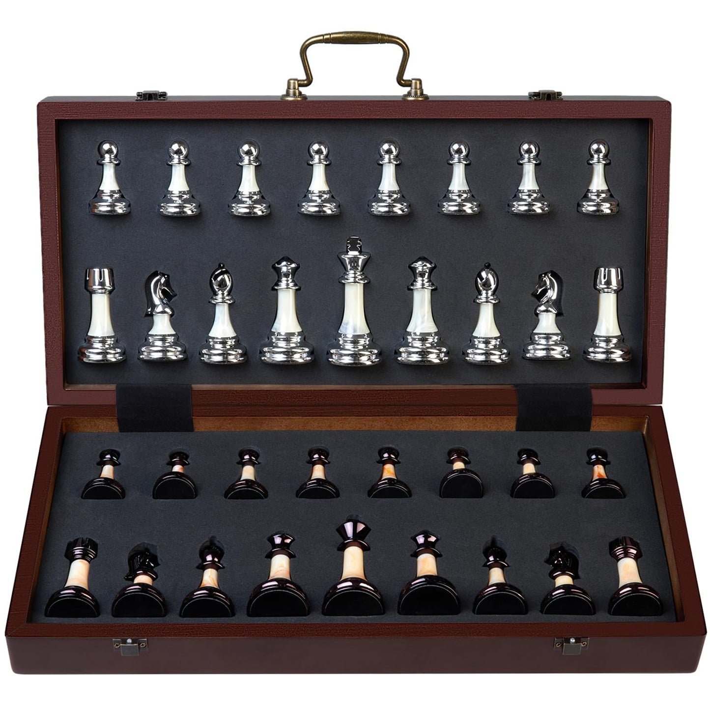 BIVOMON Deluxe Chess Set — 16.5'' Wooden Folding Board, Weighted Acrylic Pieces, Handle & Storage