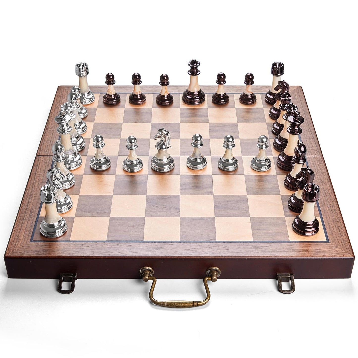 BIVOMON Deluxe Chess Set — 16.5'' Wooden Folding Board, Weighted Acrylic Pieces, Handle & Storage