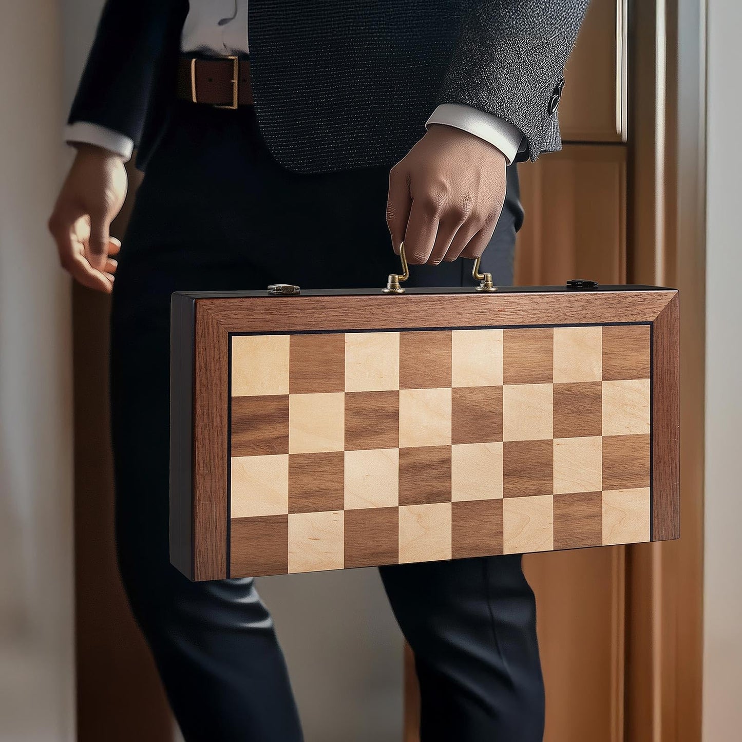 BIVOMON Deluxe Chess Set — 16.5'' Wooden Folding Board, Weighted Acrylic Pieces, Handle & Storage