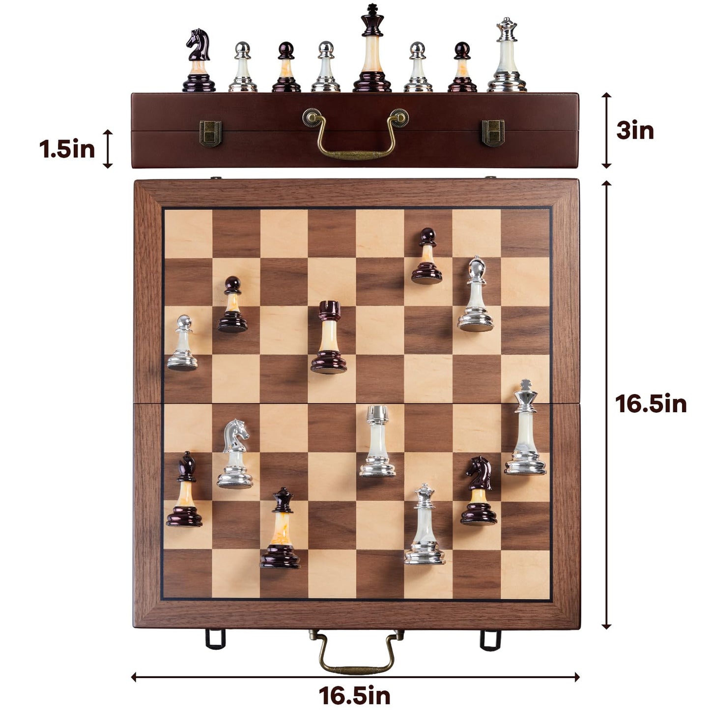 BIVOMON Deluxe Chess Set — 16.5'' Wooden Folding Board, Weighted Acrylic Pieces, Handle & Storage