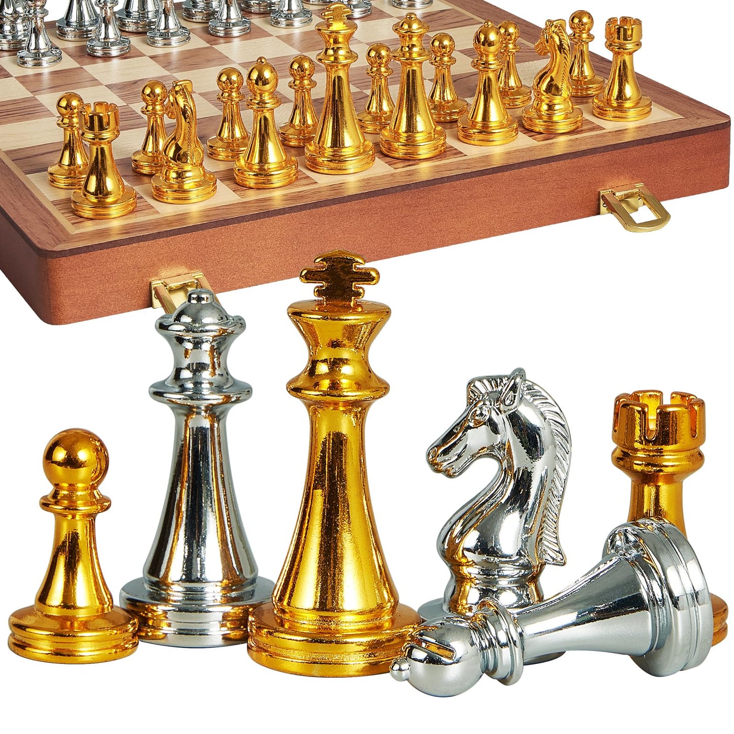 BIVOMON 12-Inch Folding Metal Chess Set — Portable Wooden Board with Weighted Pieces