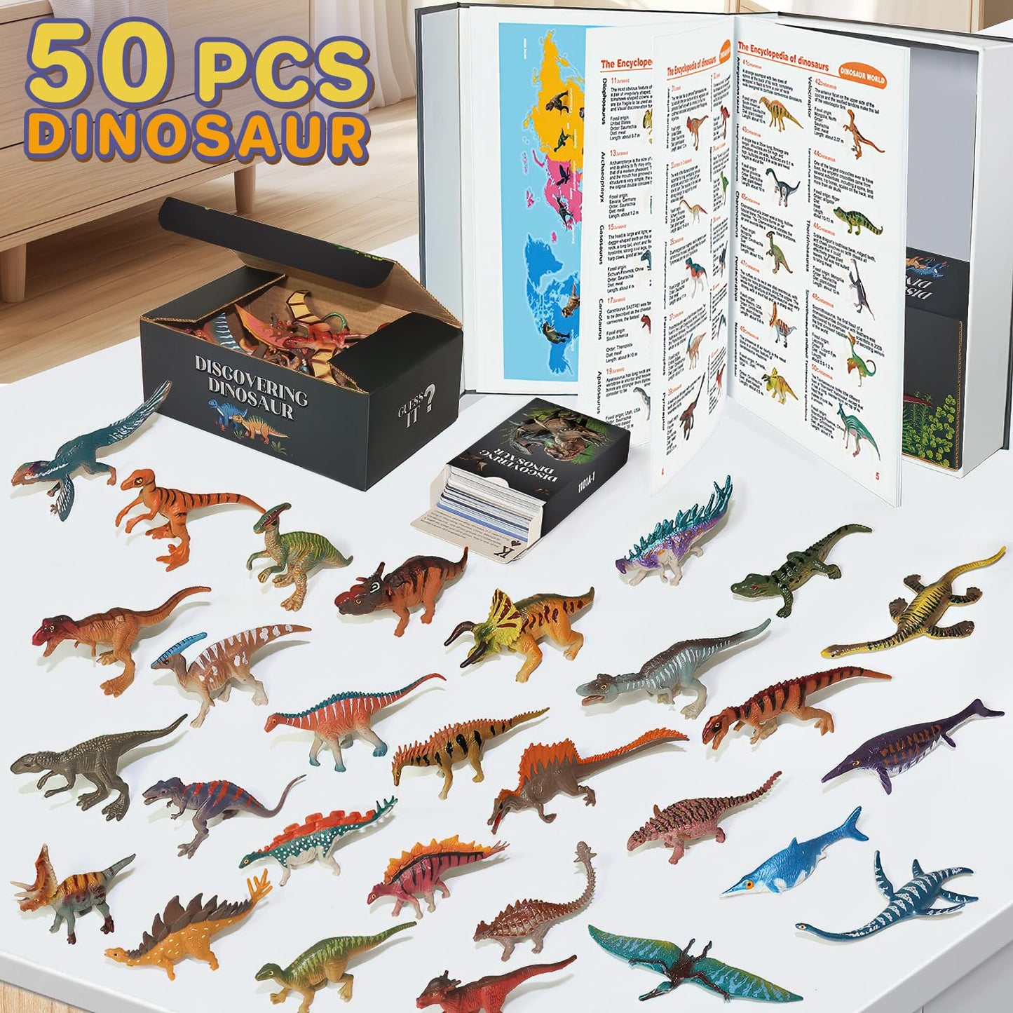 BIWASE Dinosaur Toys Book: 50 Dinosaurs Figures & 54 Cards – Interactive Kids Educational Toy