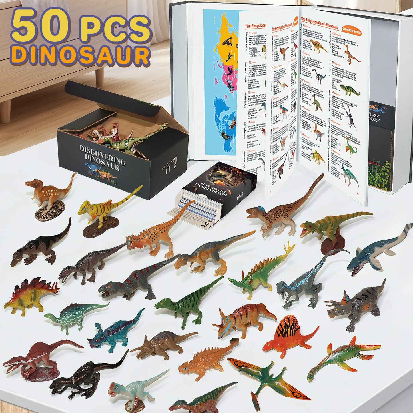 BIWASE Dinosaur Toys Set – 50 Realistic Figures, Cards & Book for Ages 3-12