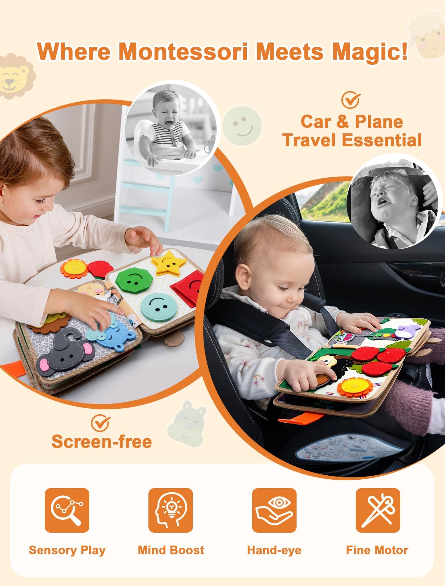 BizyKoady Busy Book for Toddlers 1-3 – Montessori Sensory Toy, Giraffe Theme, Travel Activity Book