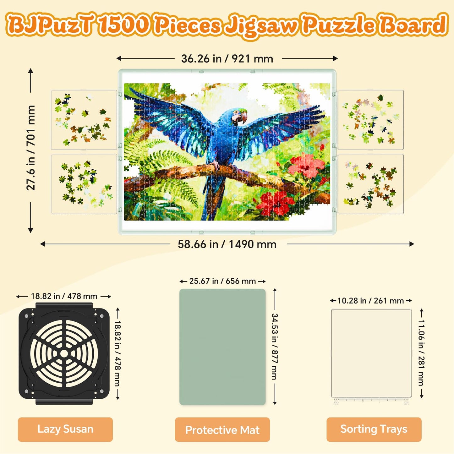 BJPuzT 1500-Piece Rotating Puzzle Table - 3-in-1 Dual-Sided, Portable 36.26x27.6 in