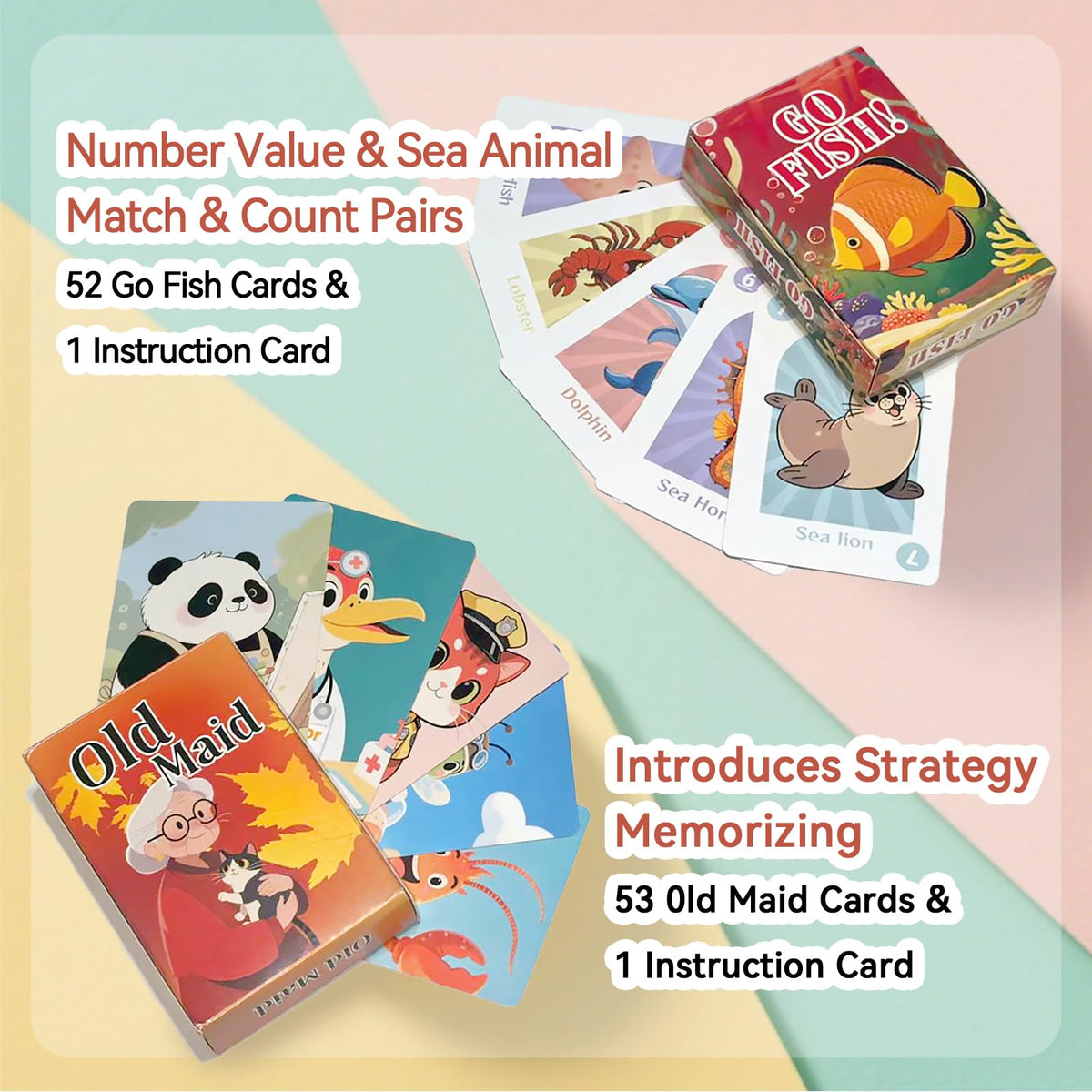 BKBNSJ 2 Decks Old Maid & Go Fish Card Game – Animal Playing Cards for Family Fun