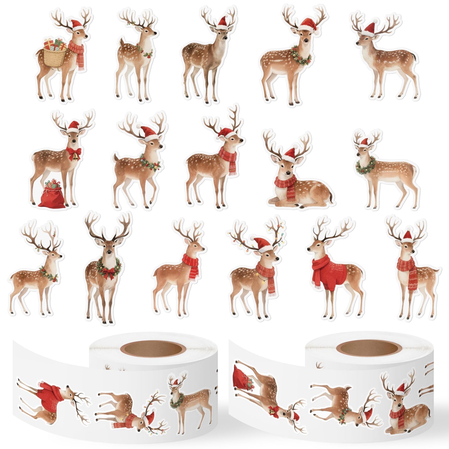 BkeeCten Christmas Watercolor Reindeer Stickers – 16 Elegant Designs, Waterproof Repositionable Vinyl