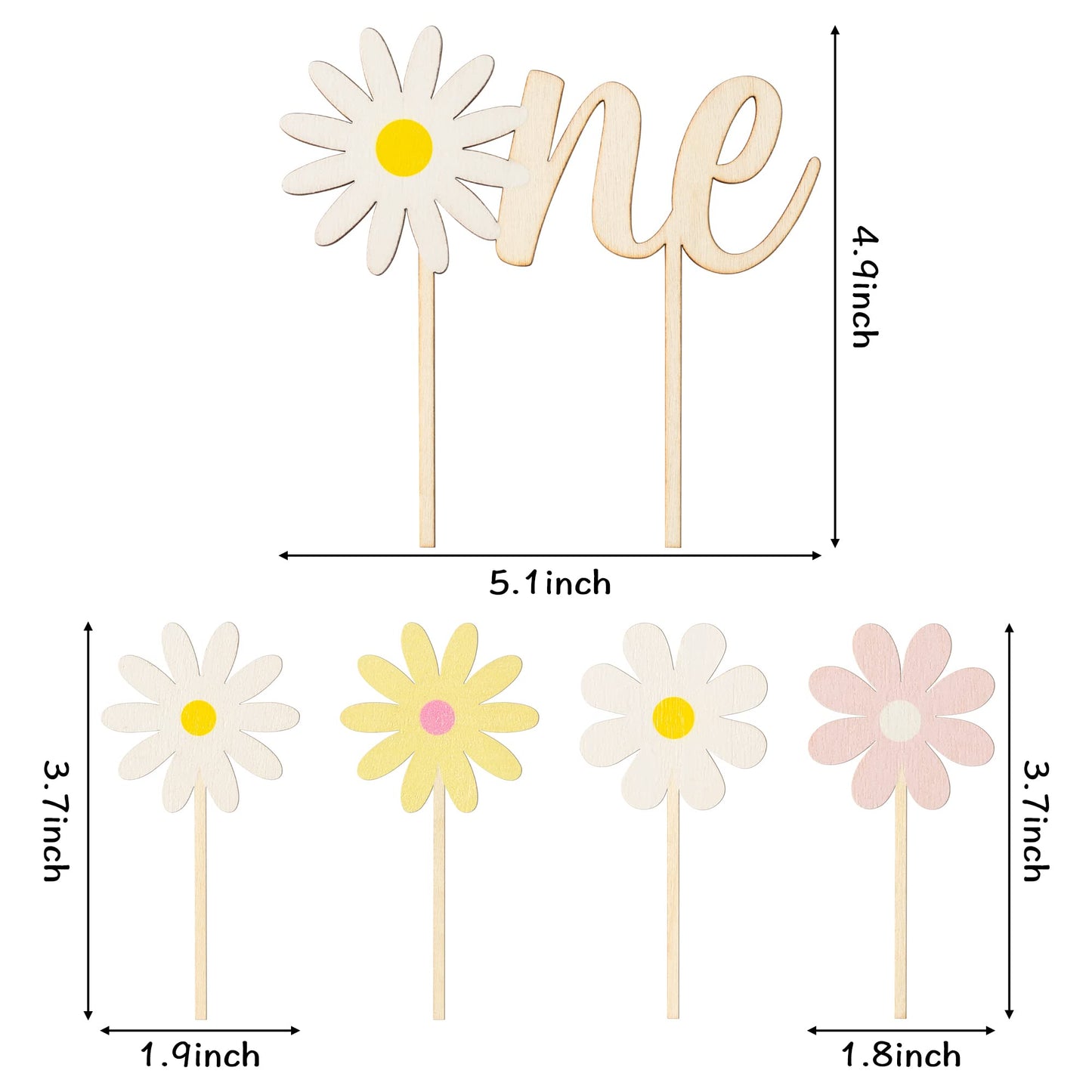 BkeeCten Daisy ONE Cake Topper Set – 5Pcs Boho Wood Cake Picks for Baby Shower & Birthday