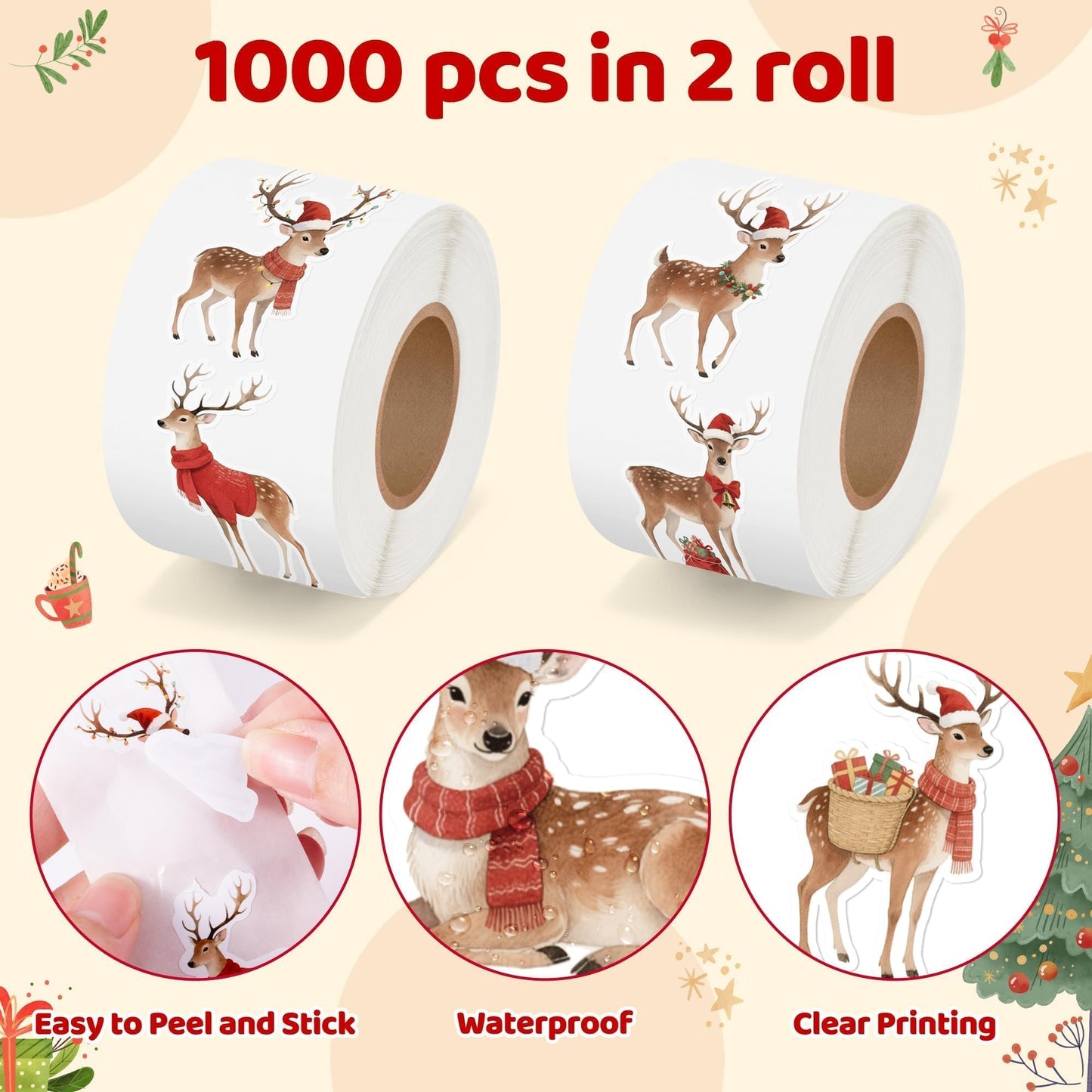 BkeeCten Christmas Watercolor Reindeer Stickers – 16 Elegant Designs, Waterproof Repositionable Vinyl