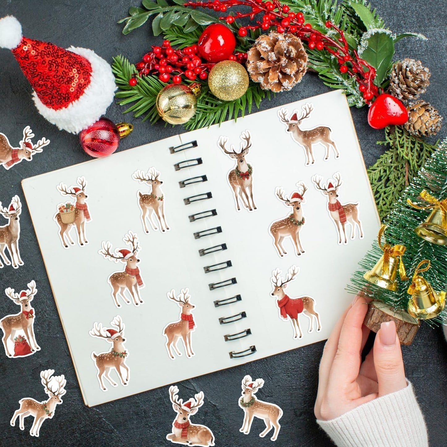 BkeeCten Christmas Watercolor Reindeer Stickers – 16 Elegant Designs, Waterproof Repositionable Vinyl