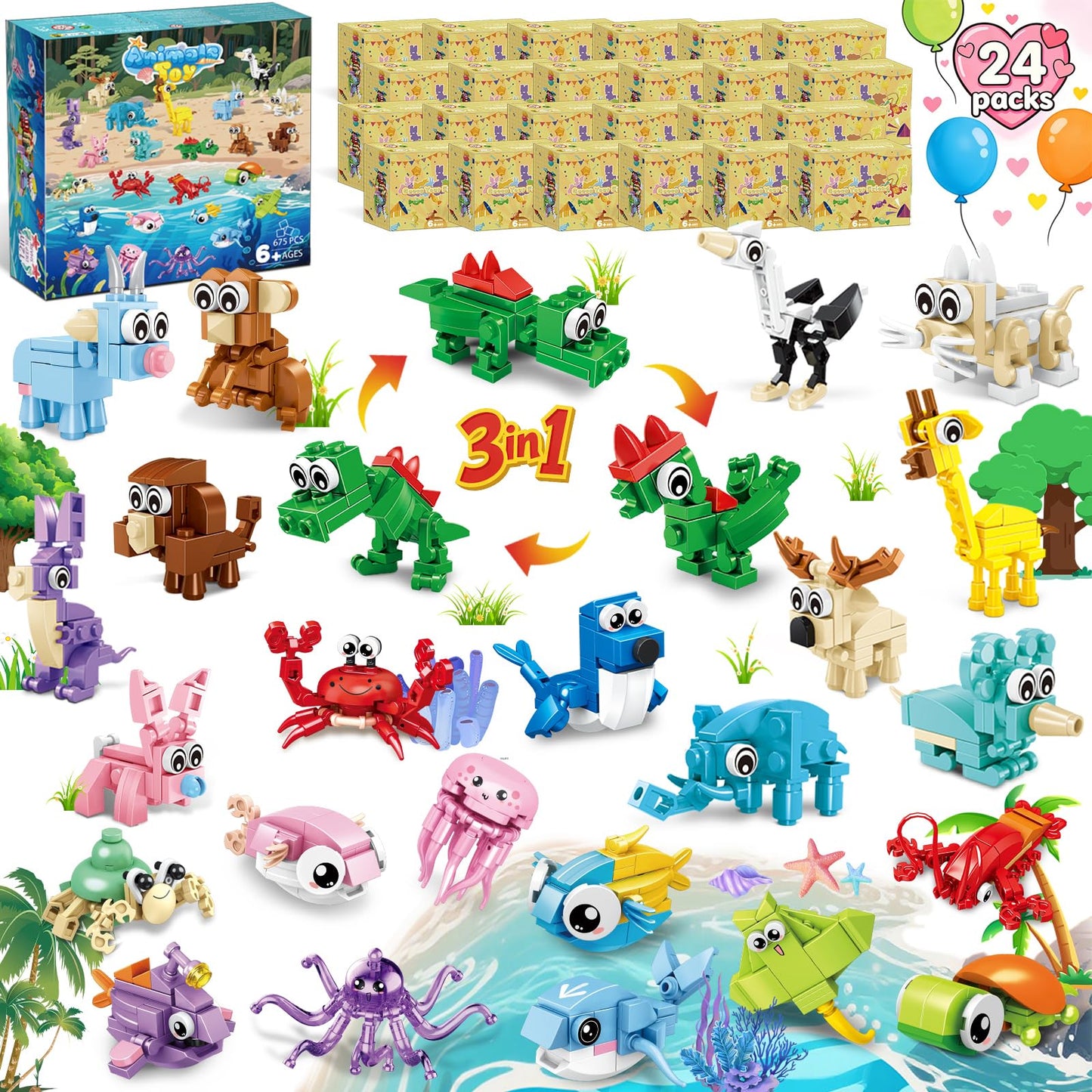 Bklved 24-Pack Mini Animal Building Blocks – Valentines & Classroom Favors for Kids