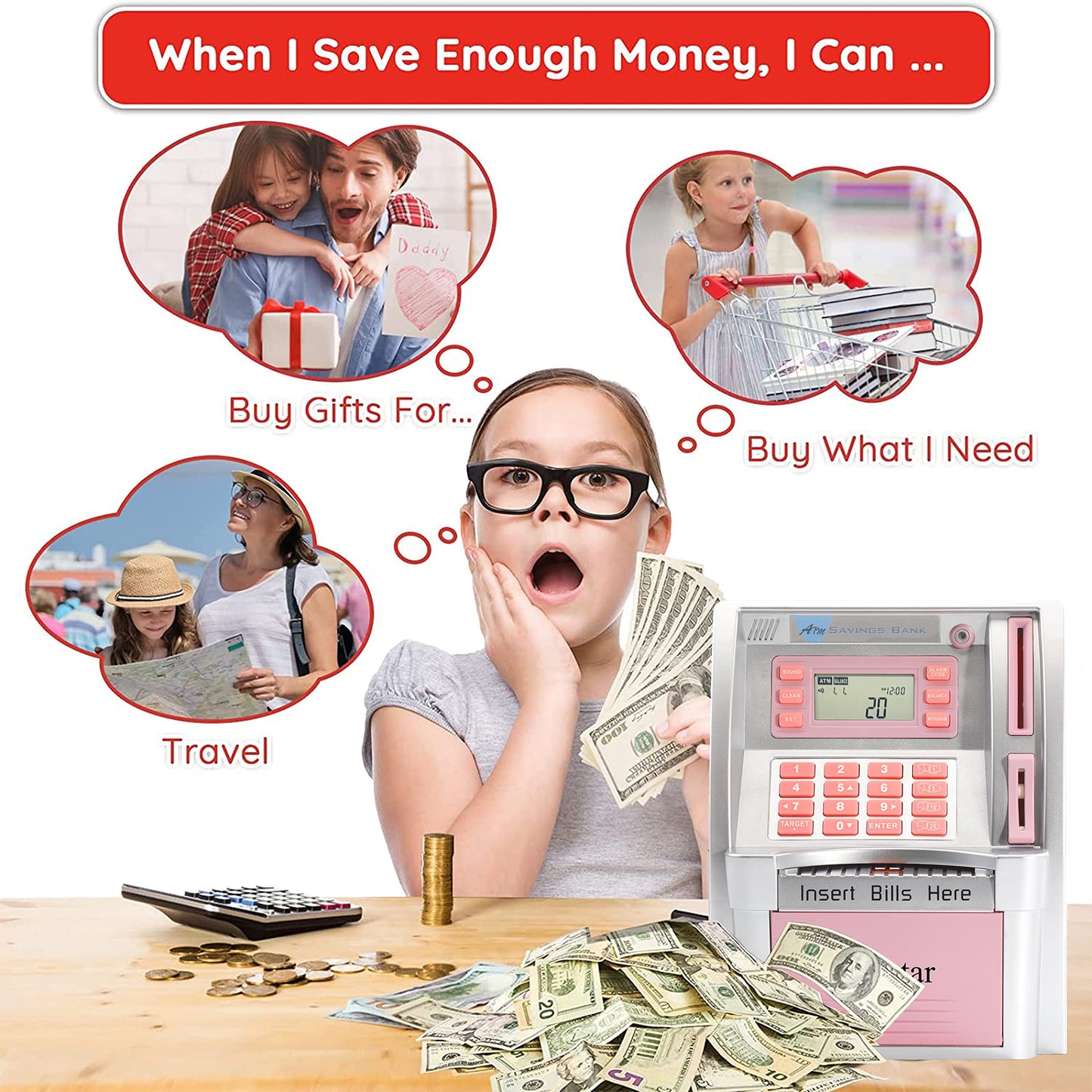 BKstar Kids Talking Pink ATM Piggy Bank with Debit Cards – Auto-Opening Drawer & Balance Calculator
