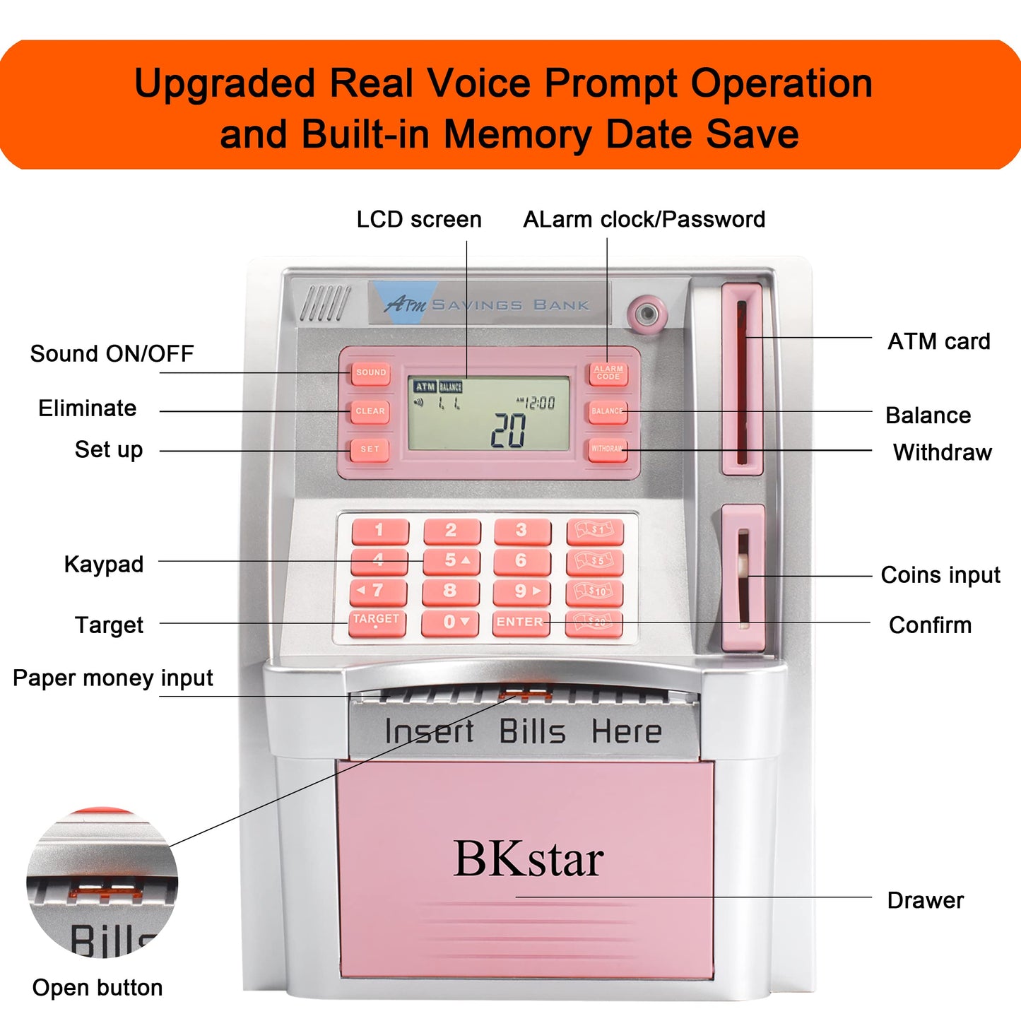 BKstar Kids Talking Pink ATM Piggy Bank with Debit Cards – Auto-Opening Drawer & Balance Calculator