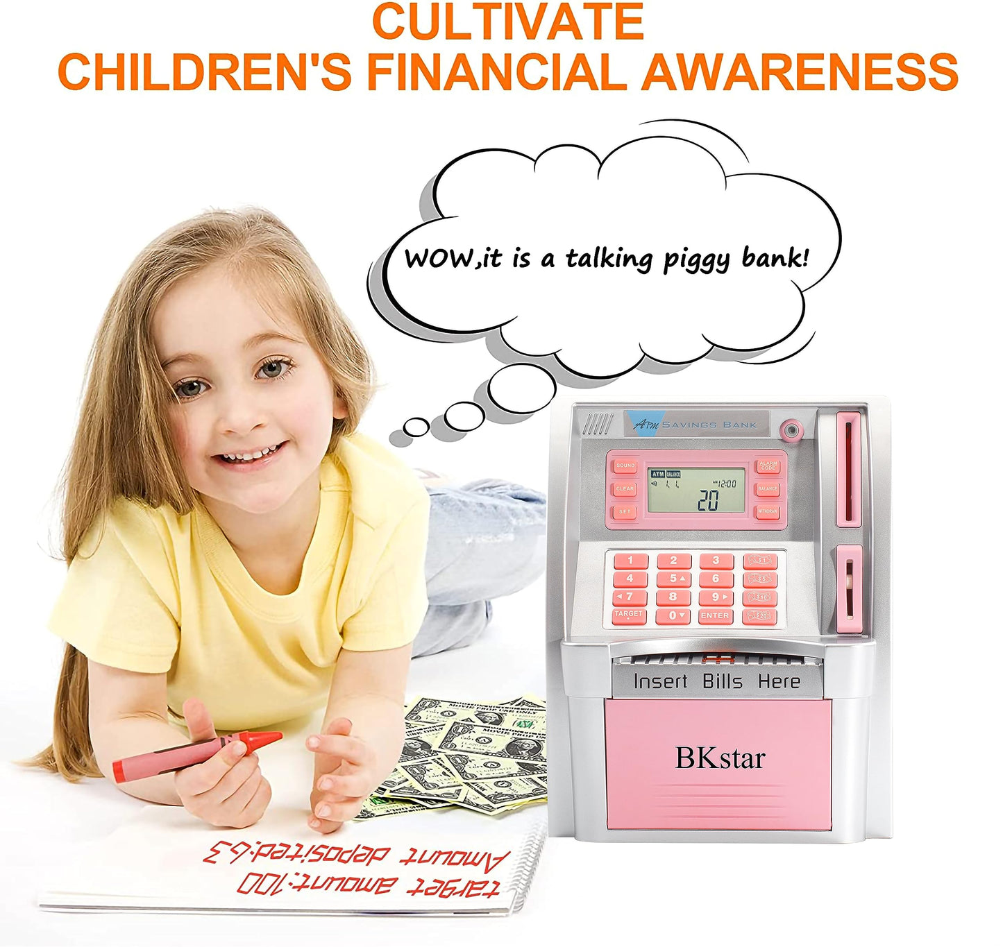 BKstar Kids Talking Pink ATM Piggy Bank with Debit Cards – Auto-Opening Drawer & Balance Calculator