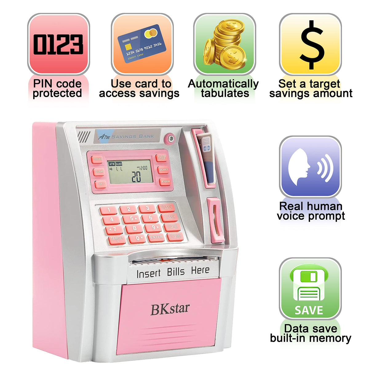 BKstar Kids Talking Pink ATM Piggy Bank with Debit Cards – Auto-Opening Drawer & Balance Calculator