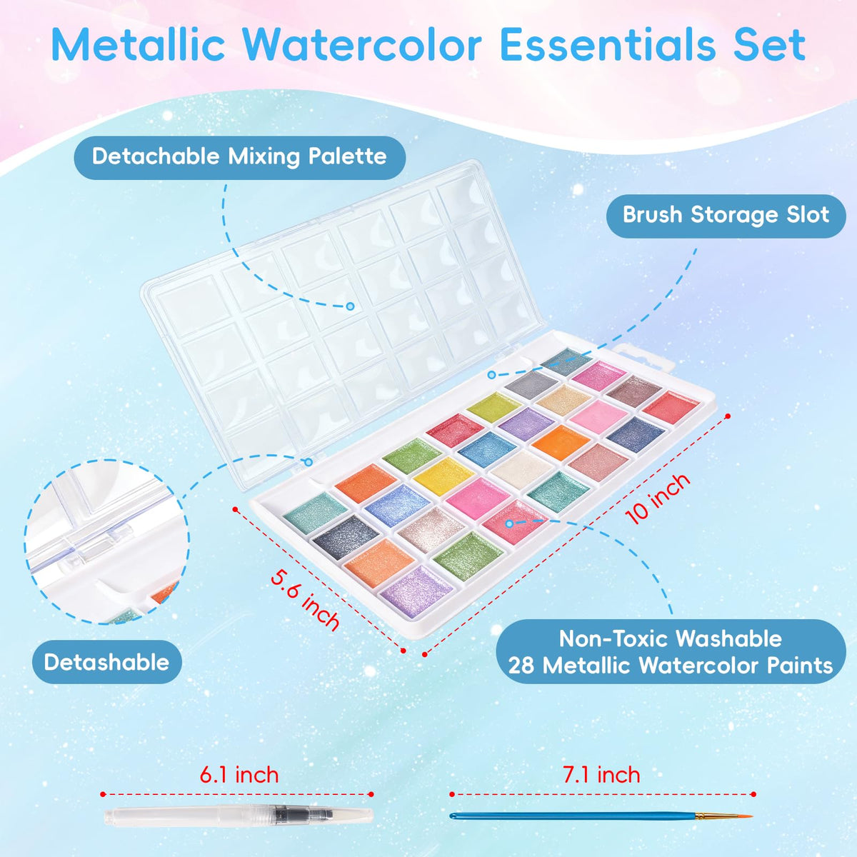 Blablaovy Watercolor Paint Set – 28 Metallic Colors with Brush, Refillable Water Brush Pen & Palette | Non-Toxic for Beginners