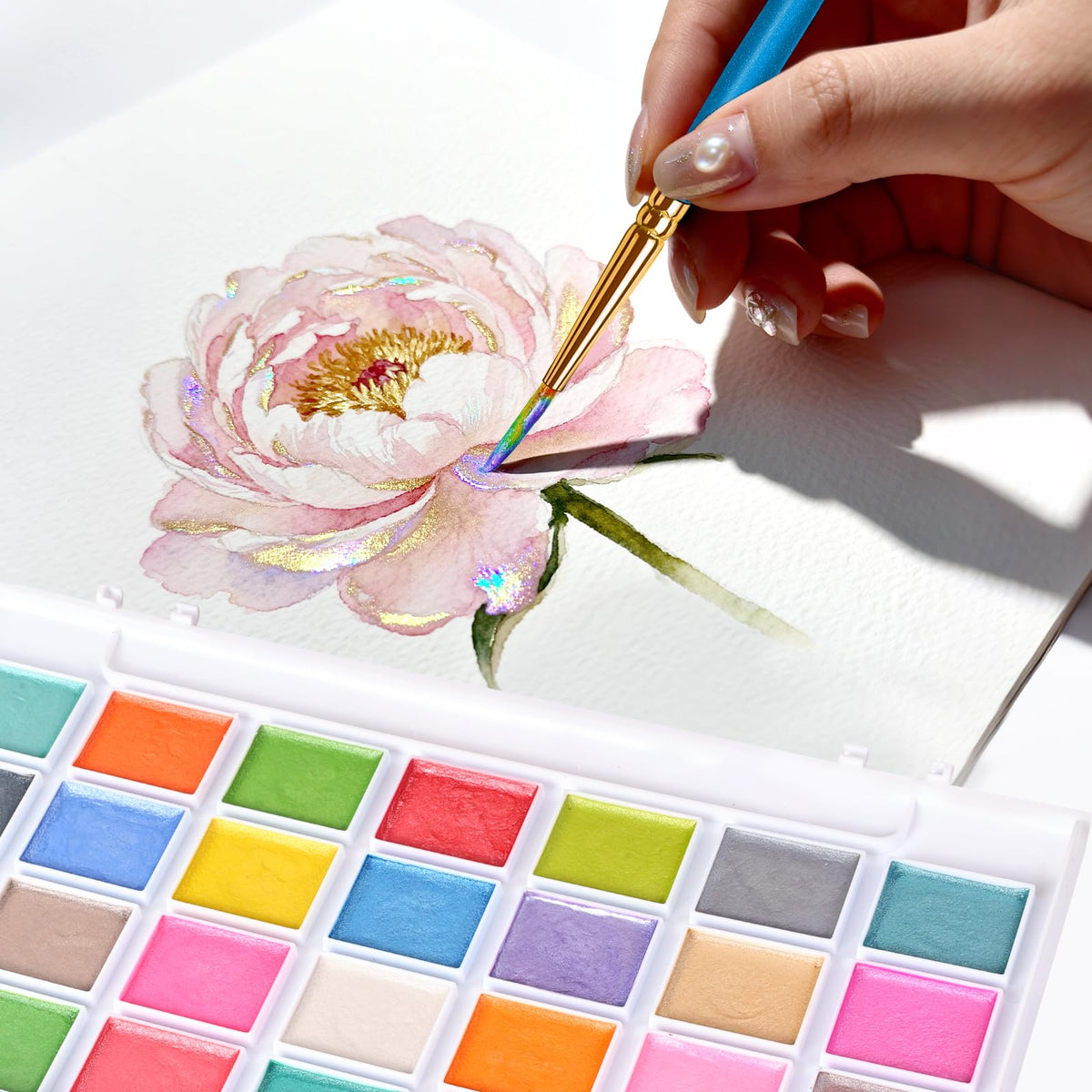 Blablaovy Watercolor Paint Set – 28 Metallic Colors with Brush, Refillable Water Brush Pen & Palette | Non-Toxic for Beginners
