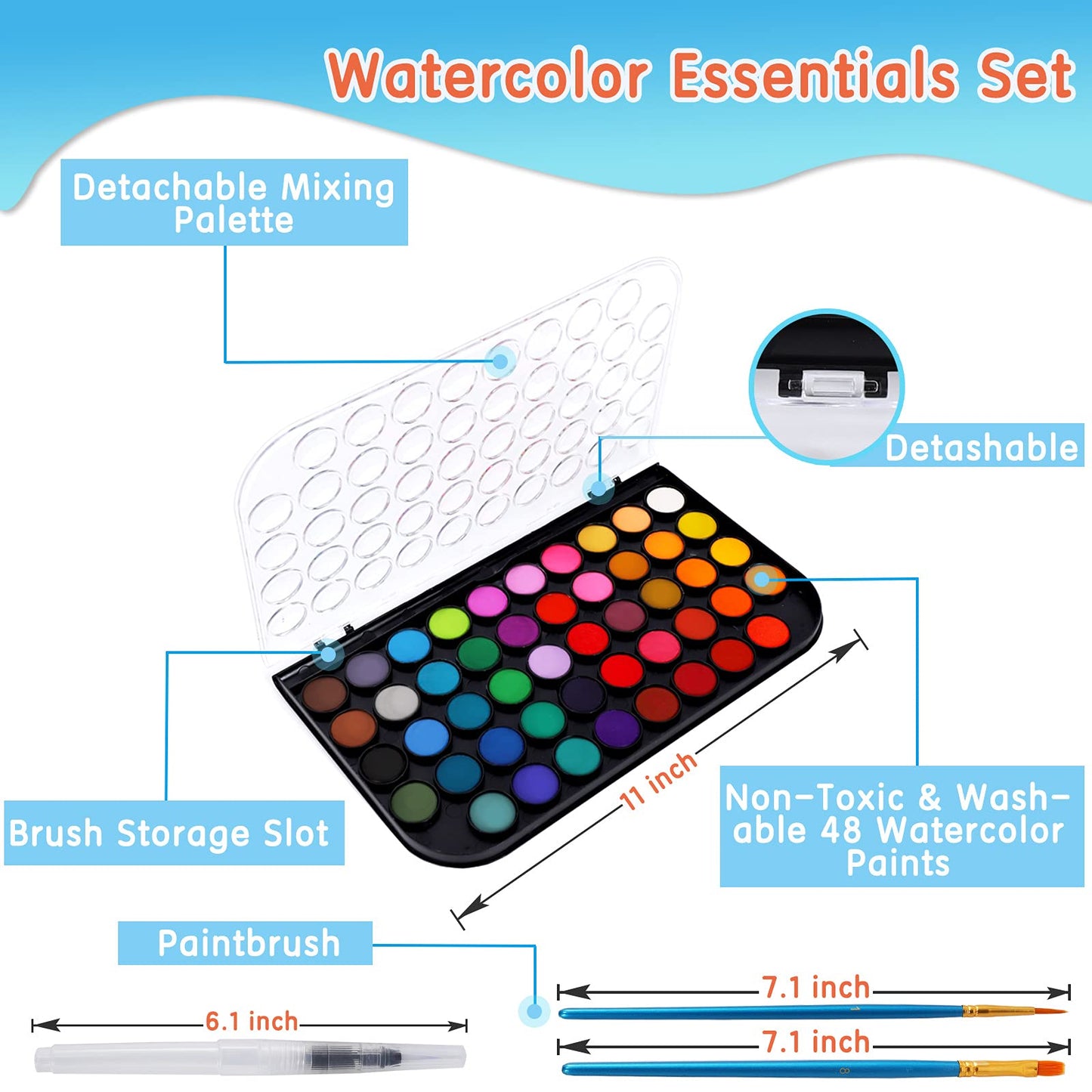 Blablaovy 48-Color Watercolor Paint Set with Brush, Water Brush Pen & Palette – Portable & Non-Toxic