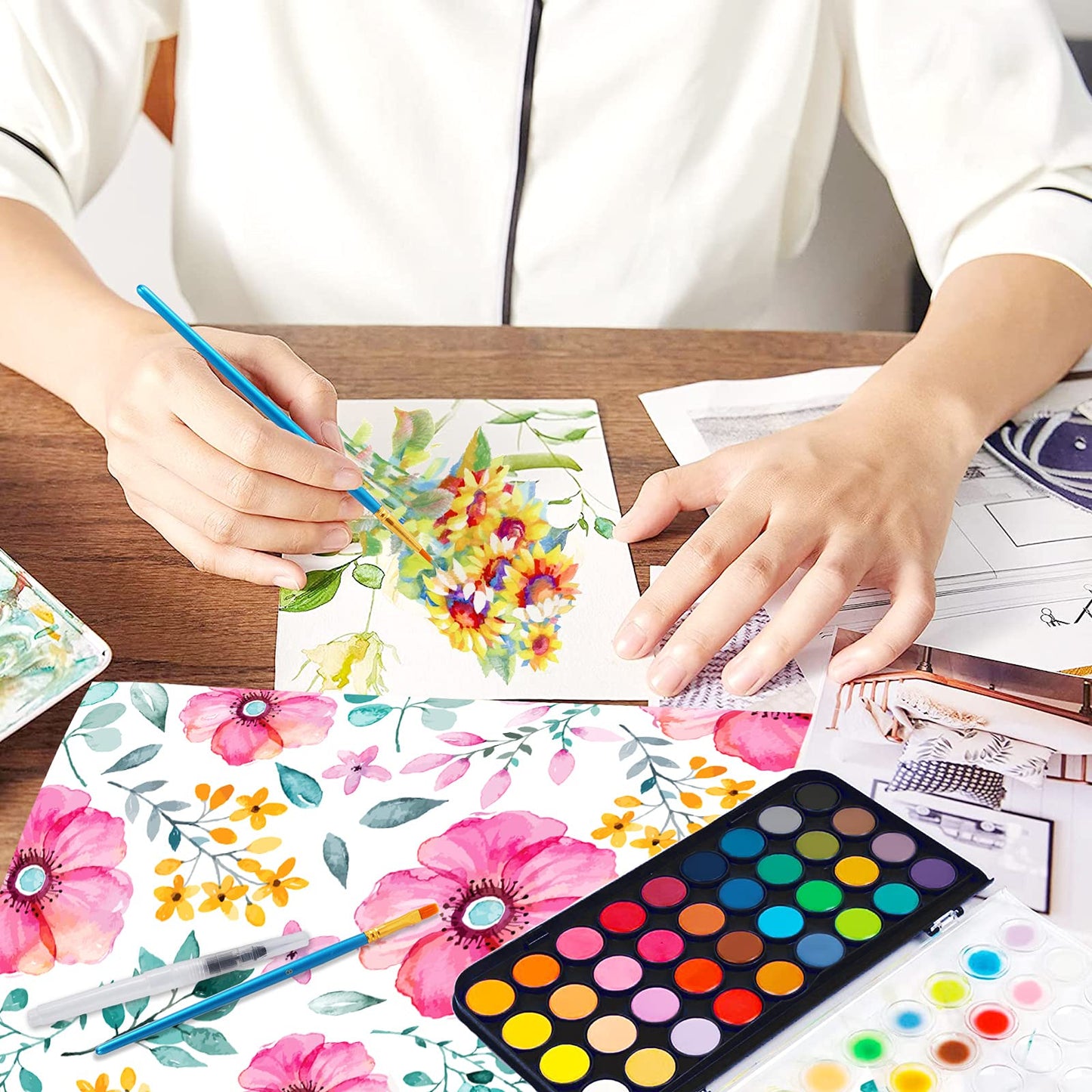 Blablaovy 48-Color Watercolor Paint Set with Brush, Water Brush Pen & Palette – Portable & Non-Toxic