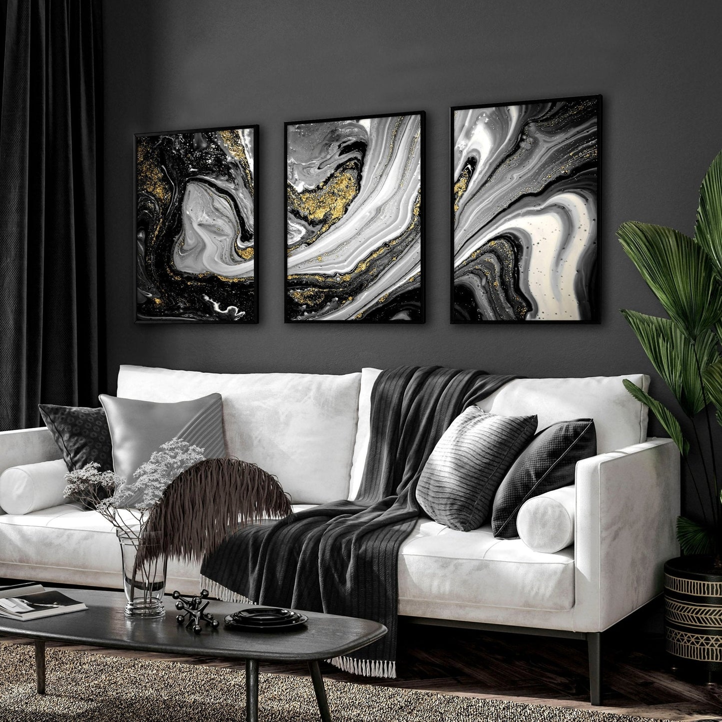 Abstract large wall art | set of 3 Black and Gold wall art prints
