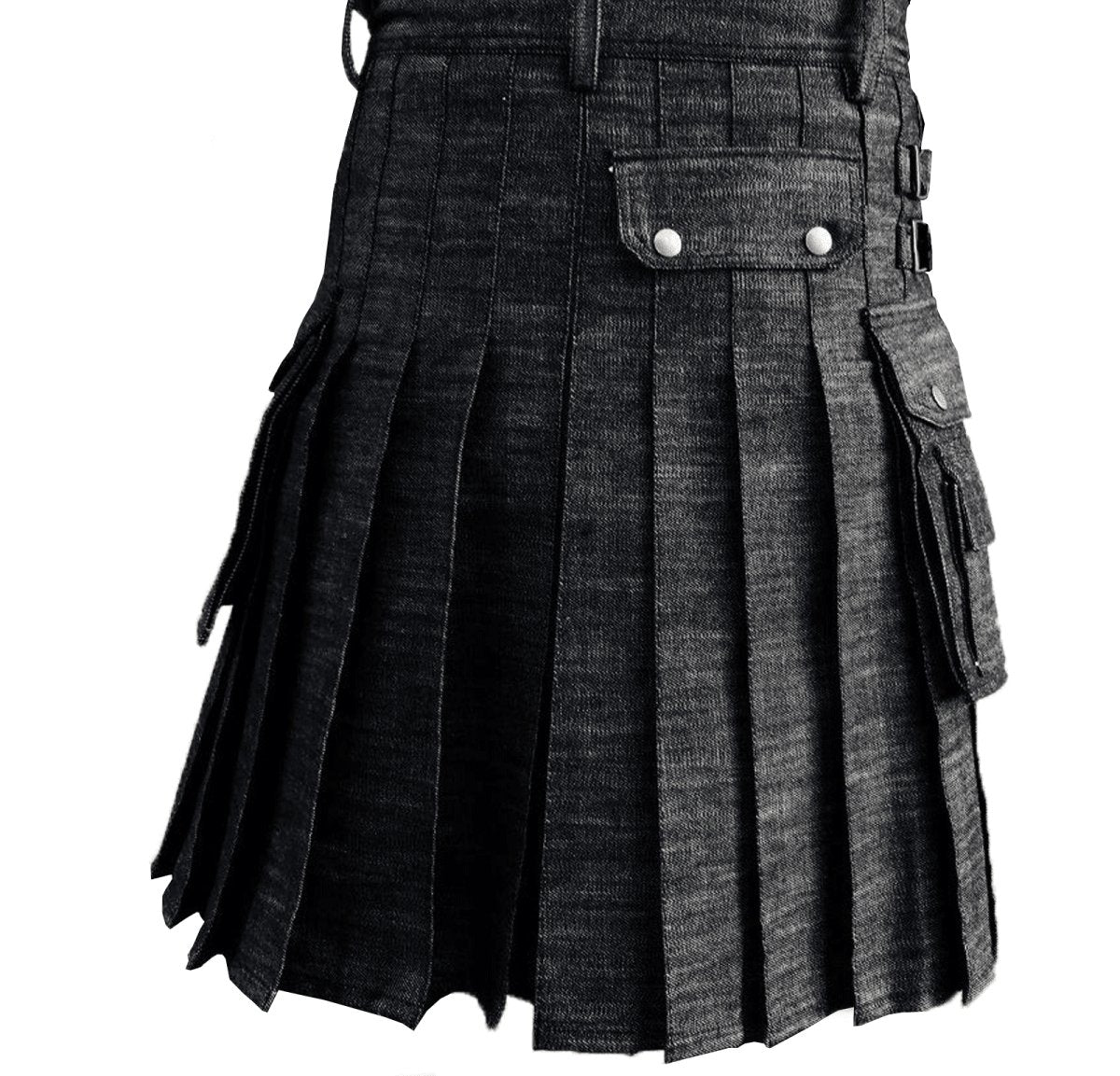 Black Denim Utility Kilt Flap Pockets Pleats deep sewn Double Stitching