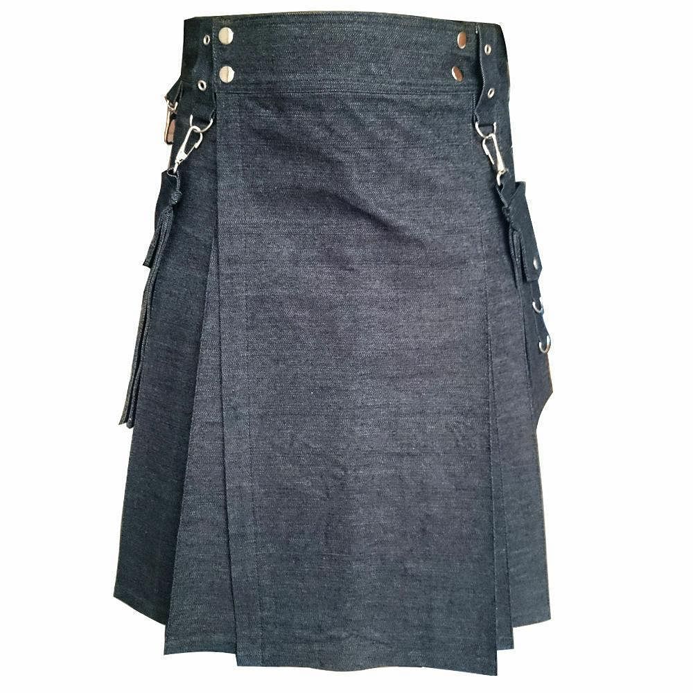Black Detachable Pocket Denim Utility Kilt